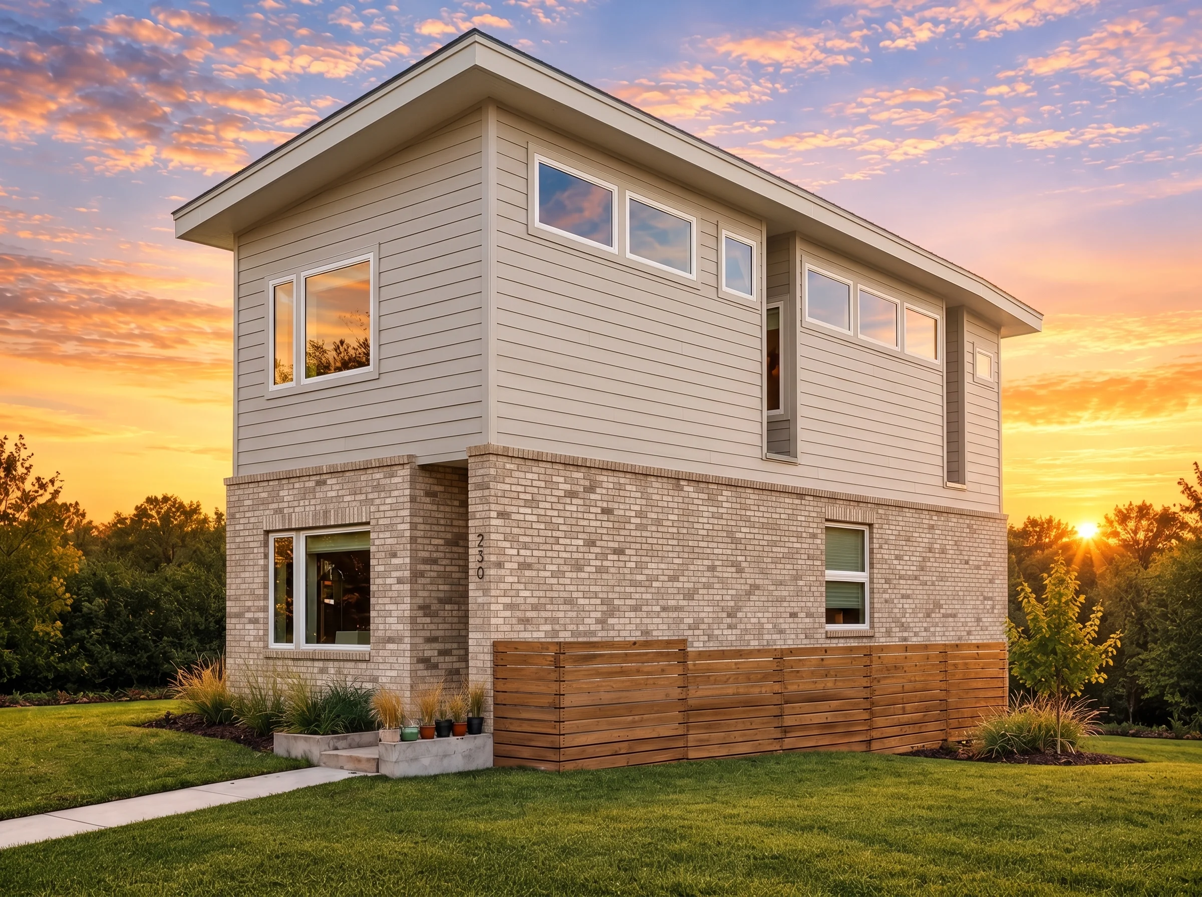 Plan  15-1970 – HomyNest |  Contemporary – 3-Bed, 3-Bath, 2,114 SF - Natural Brick, AI-generated exterior concept
