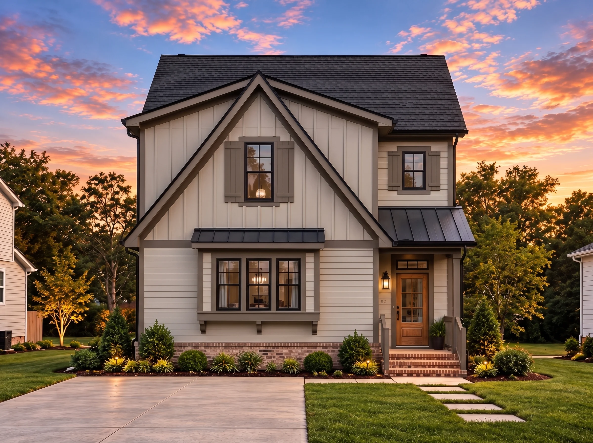 Plan  15-1950 – Auburn Hollow Place  | Modern Farmhouse – 3-Bed, 2.5-Bath, 3,409 SF - Mushroom Taupe, AI-generated exterior concept