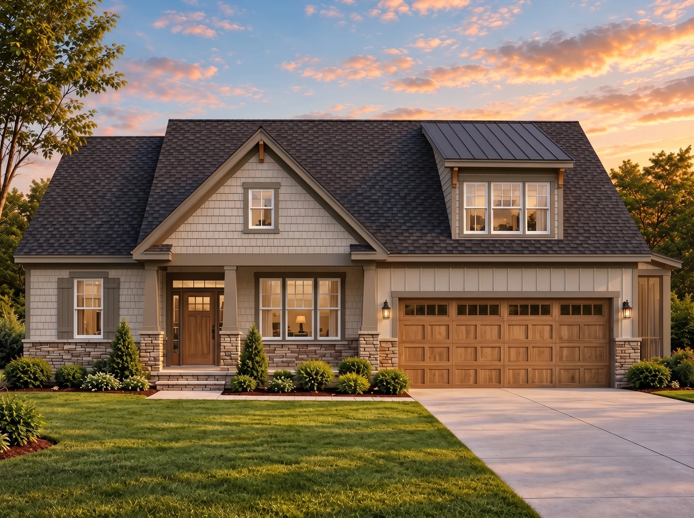 Plan  15-1942 – Lee Walk | New  American – 4-Bed, 3.5-Bath, 2,502 SF - Mushroom Taupe, AI-generated exterior concept