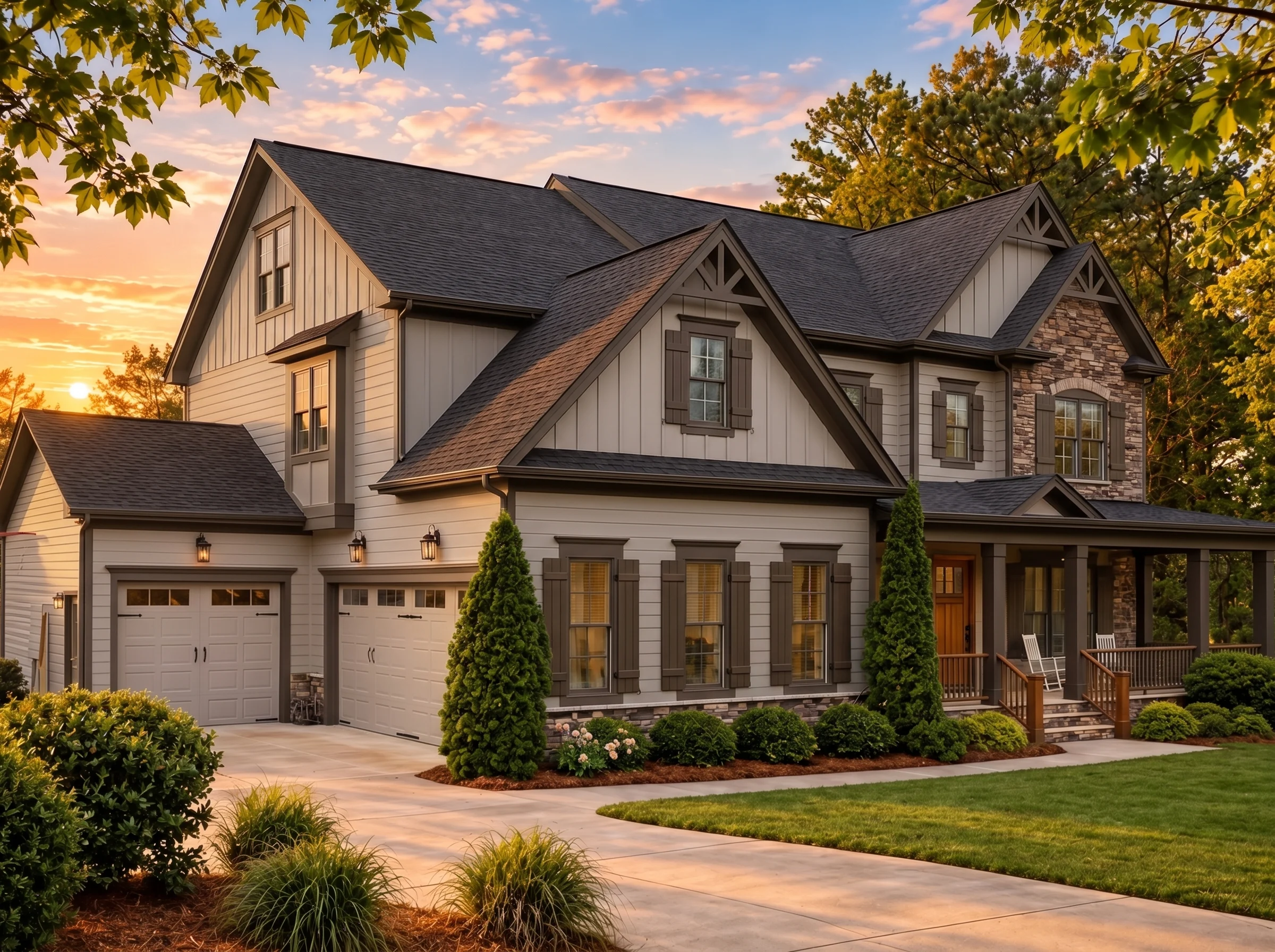 Plan  15-2032 – The Wright Manor |  New American – 5-Bed, 4.5-Bath, 3,782 SF - Mushroom Taupe, AI-generated exterior concept