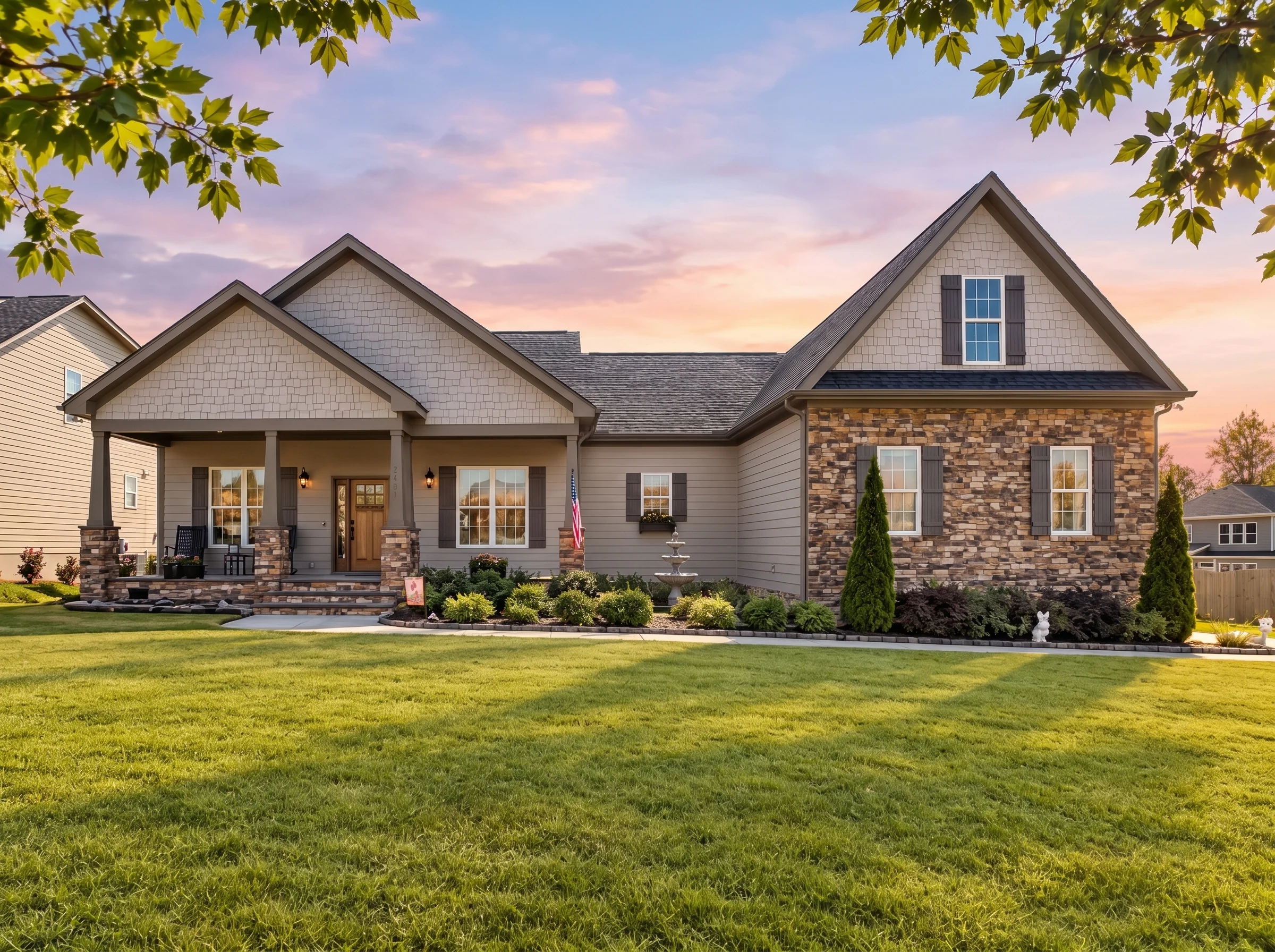 Plan  15-2052 – Aster Cove Farm |  Traditional Ranch – 3-Bed, 2-Bath, 1,979 SF - Mushroom Taupe, AI-generated exterior concept