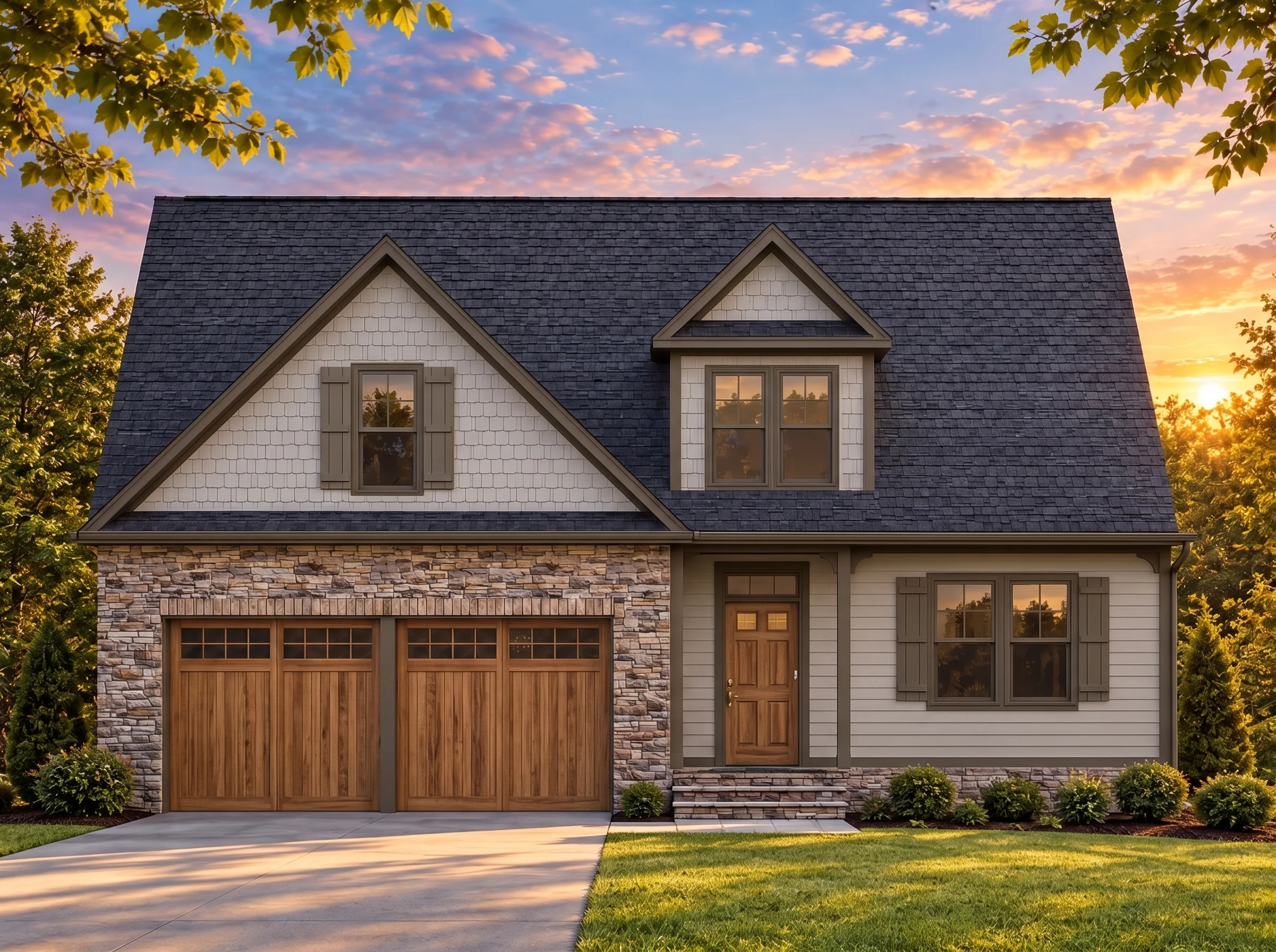 Plan  15-2055 – The Cottage | Cape  Cod – 3-Bed, 2.5-Bath, 2,655 SF - Mushroom Taupe, AI-generated exterior concept