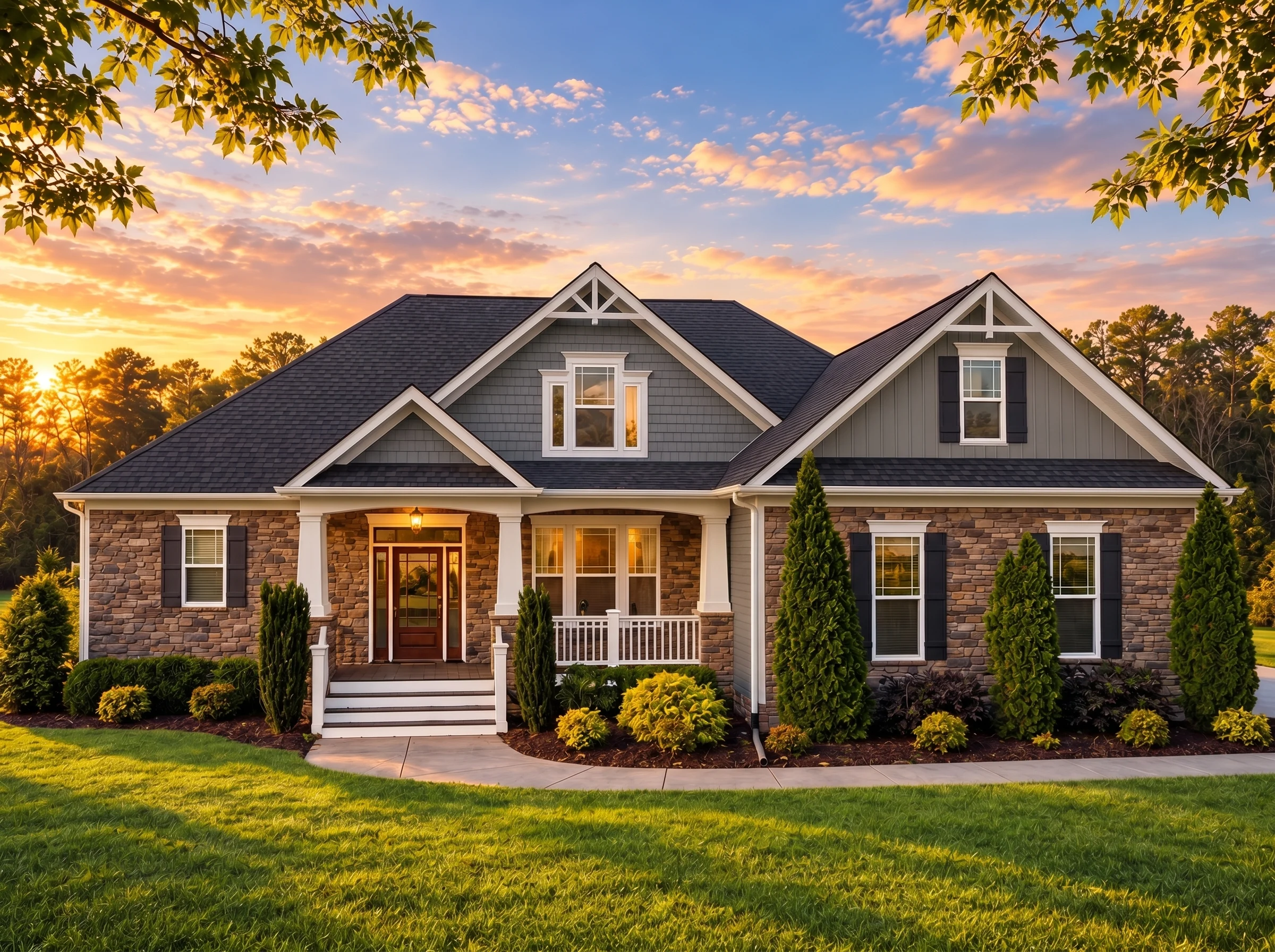 Plan  16-1024 – Aster Oak Homestead  | New American – 4-Bed, 3-Bath, 2,910 SF - Warm Charcoal, AI-generated exterior concept