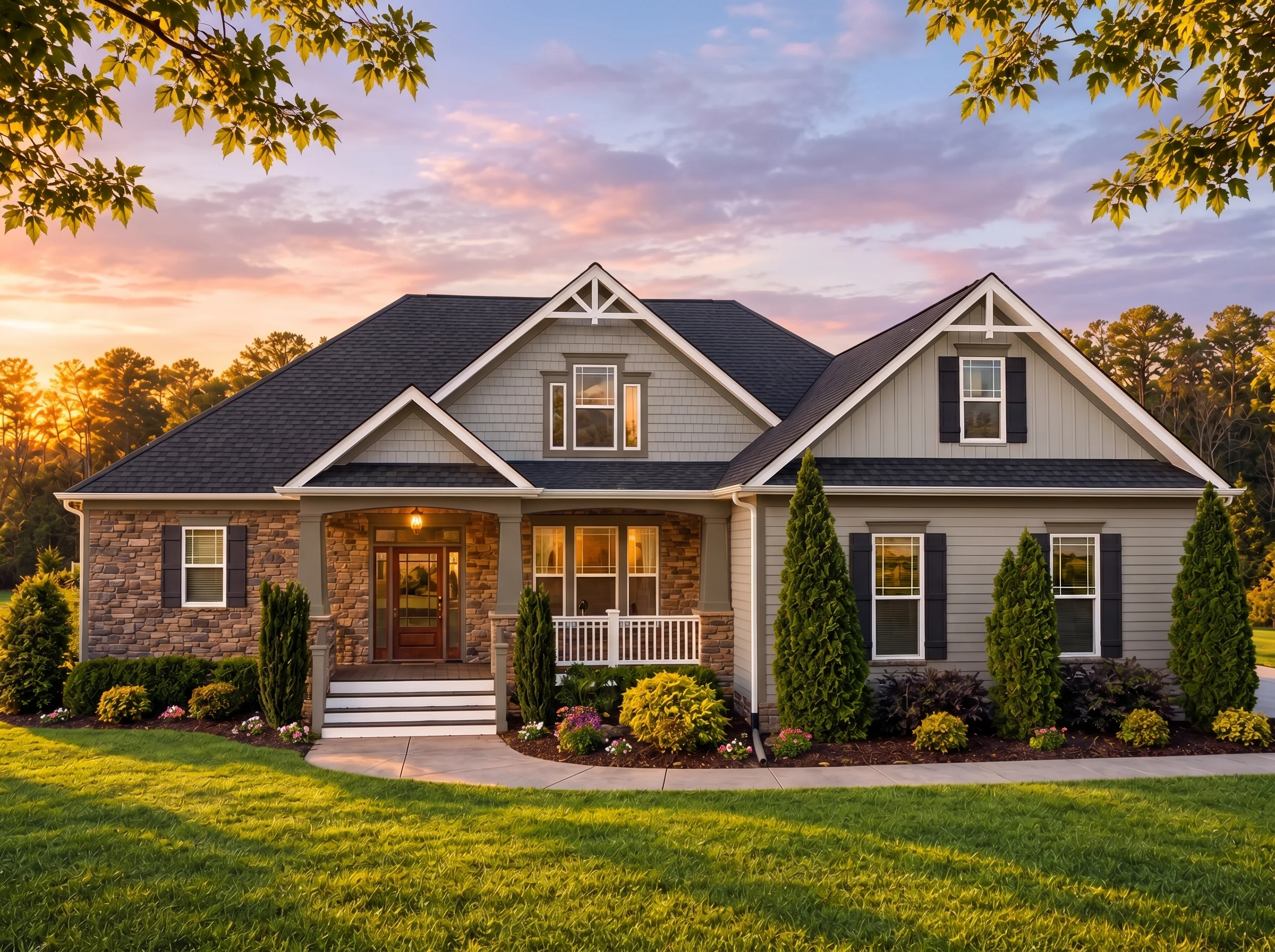 Plan  16-1024 – Aster Oak Homestead  | New American – 4-Bed, 3-Bath, 2,910 SF - Mushroom Taupe, AI-generated exterior concept
