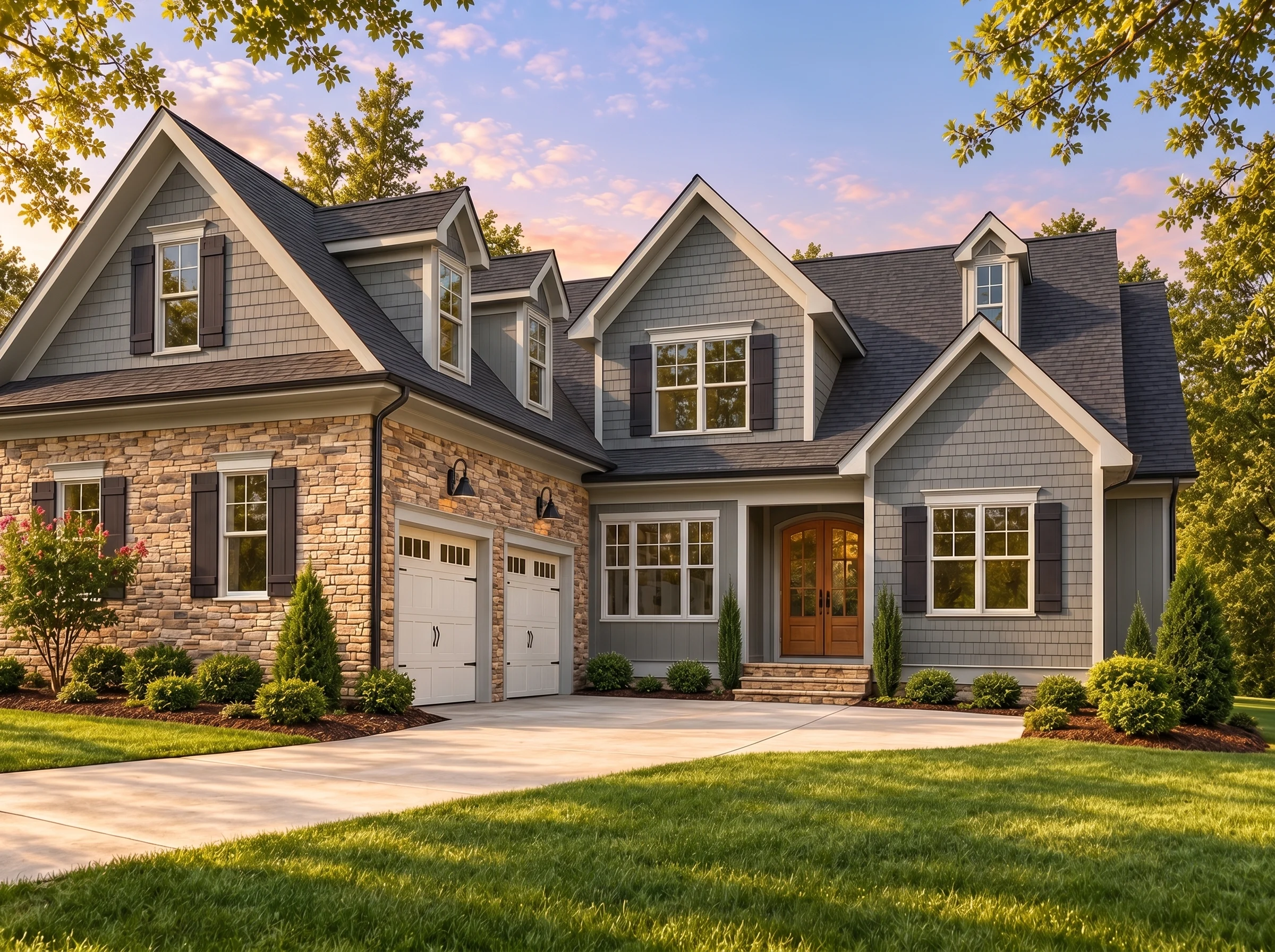 Plan  16-1030 – Little Acorn | New  American – 4-Bed, 4-Bath, 3,681 SF - Warm Charcoal, AI-generated exterior concept