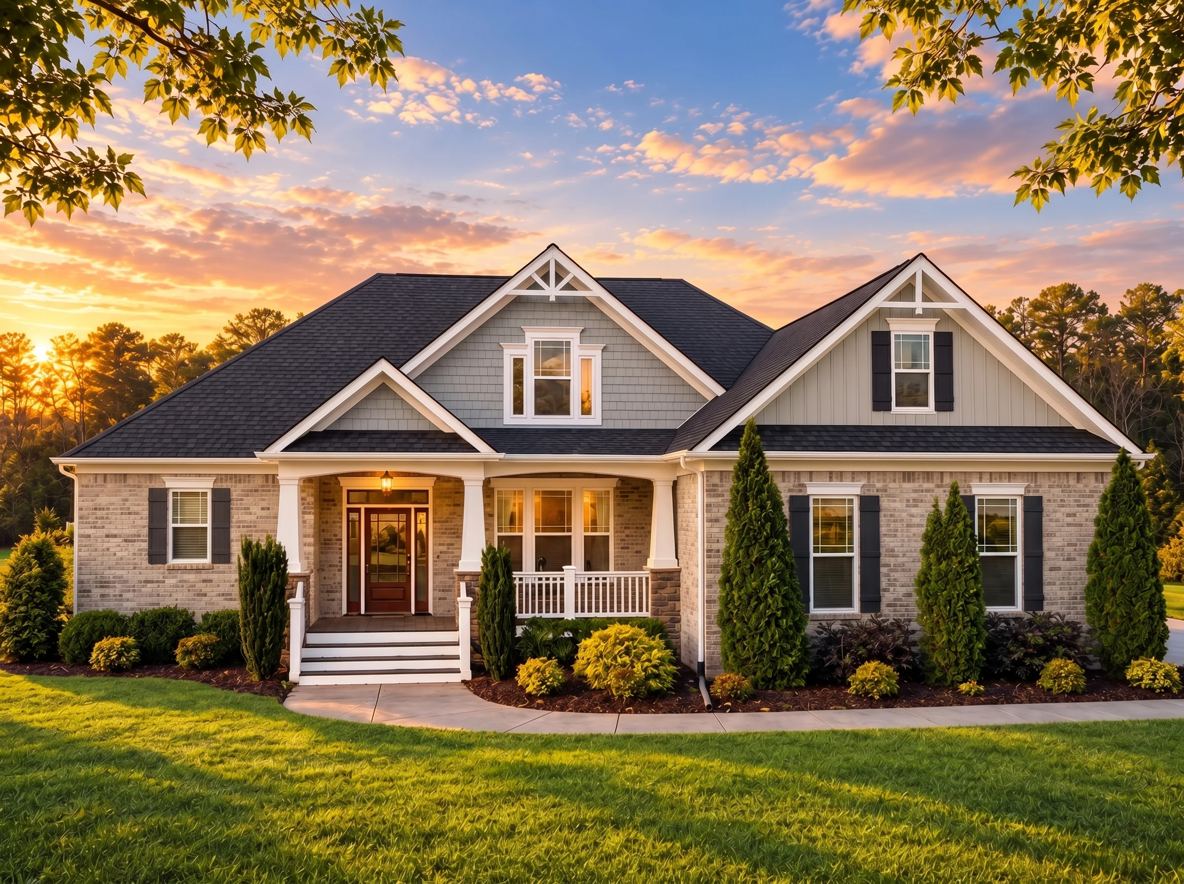 Plan  16-1024 – Aster Oak Homestead  | New American – 4-Bed, 3-Bath, 2,910 SF - Natural Brick, AI-generated exterior concept
