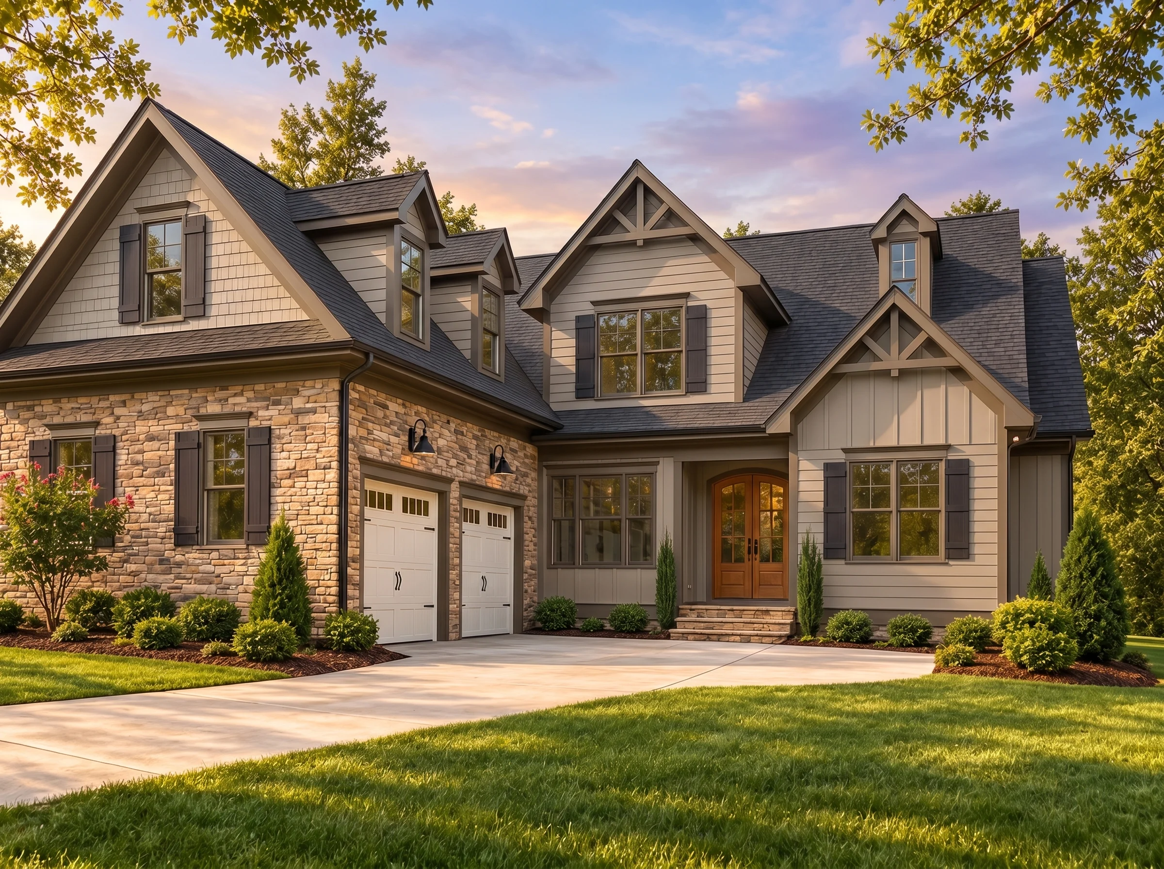 Plan  16-1030 – Little Acorn | New  American – 4-Bed, 4-Bath, 3,681 SF - Mushroom Taupe, AI-generated exterior concept