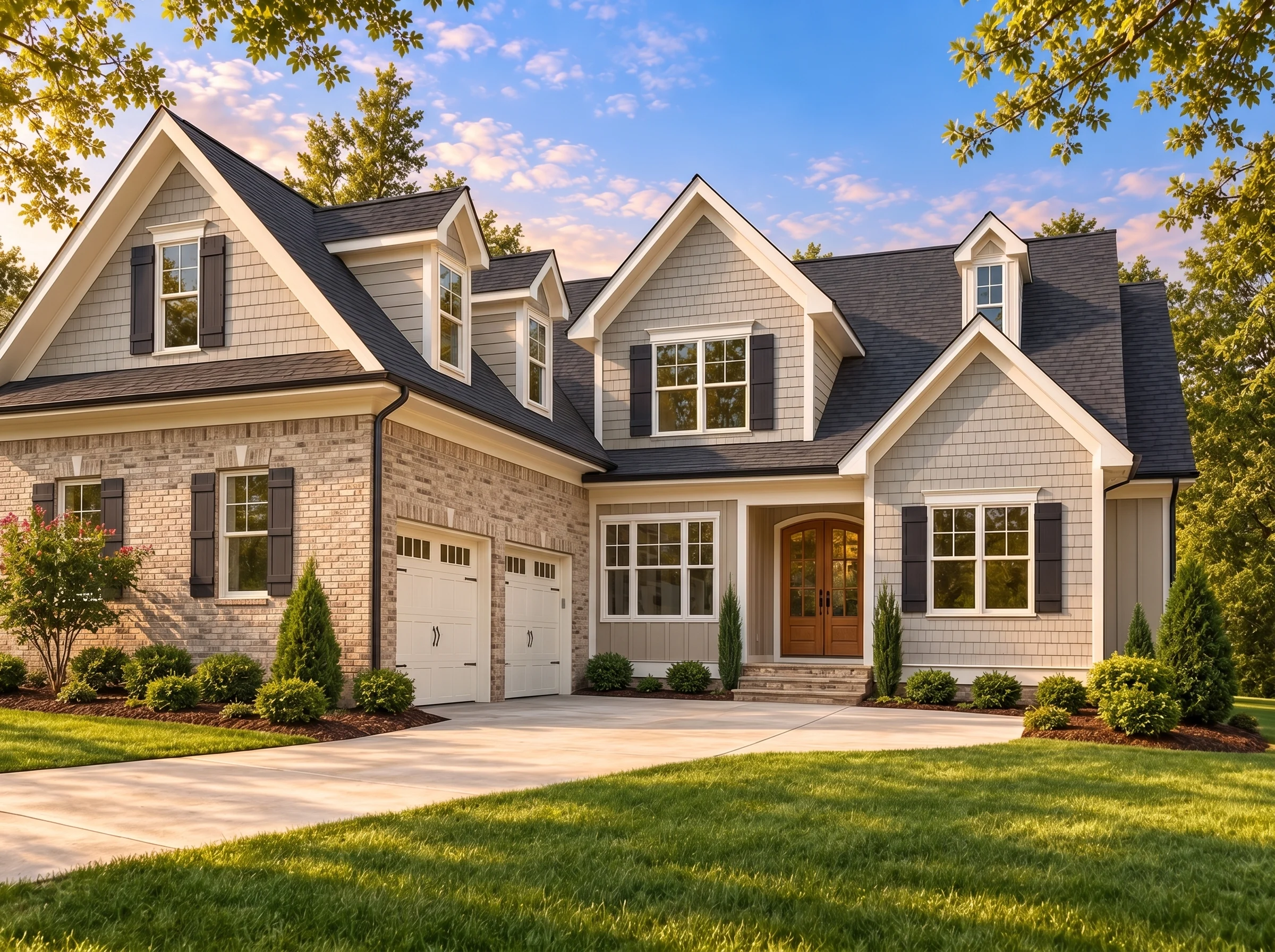 Plan  16-1030 – Little Acorn | New  American – 4-Bed, 4-Bath, 3,681 SF - Natural Brick, AI-generated exterior concept