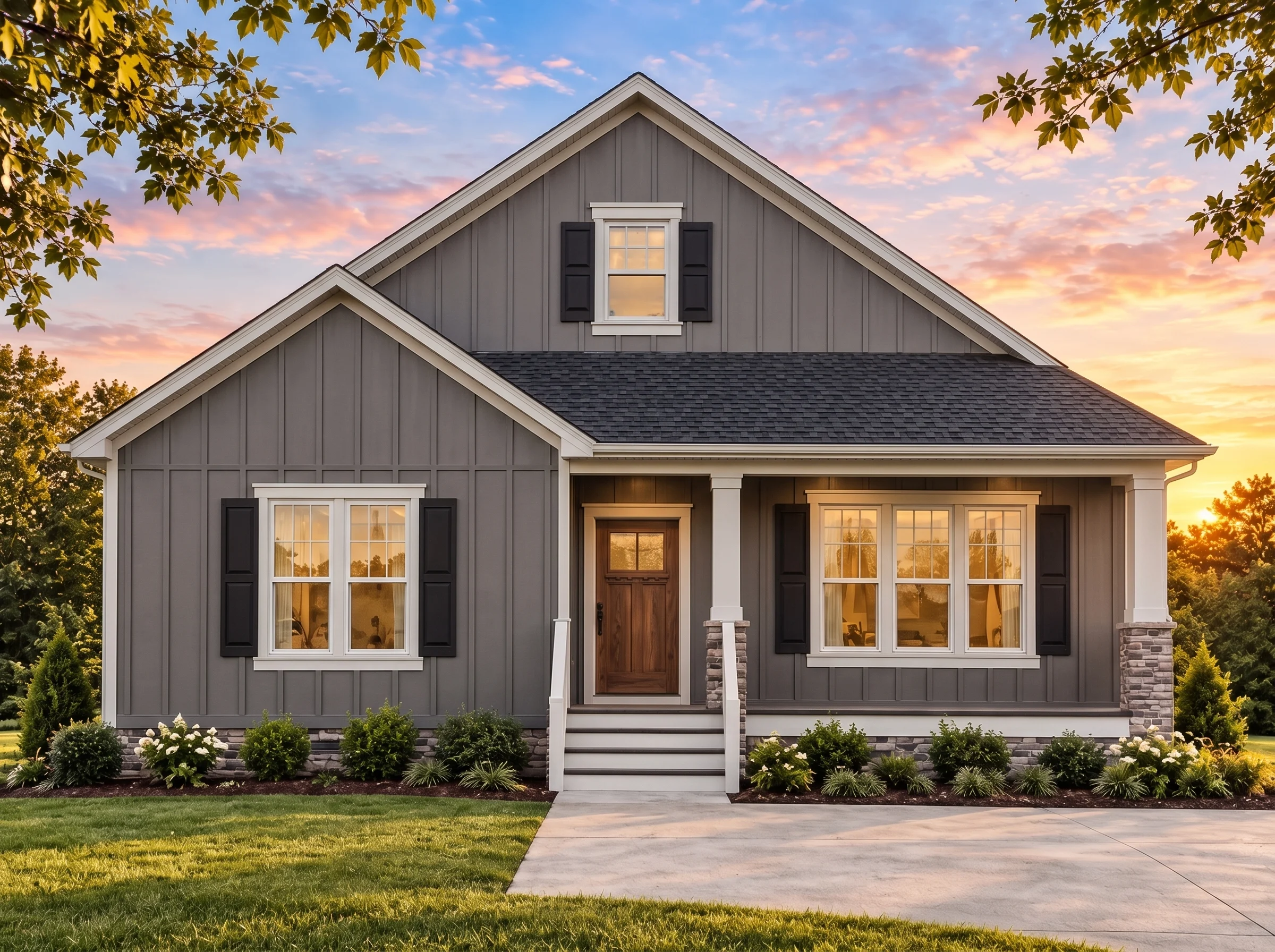 Plan  16-1048 – The Baker Haven |  Modern Farmhouse – 3-Bed, 2-Bath, 1,637 SF - Warm Charcoal, AI-generated exterior concept