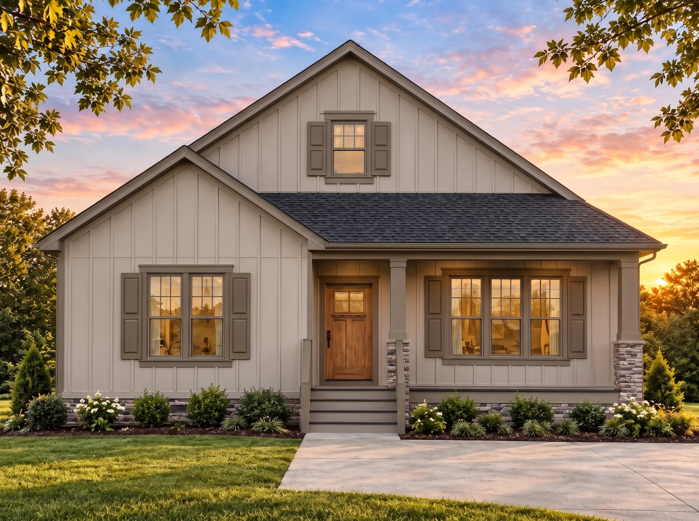 Plan  16-1048 – The Baker Haven |  Modern Farmhouse – 3-Bed, 2-Bath, 1,637 SF - Mushroom Taupe, AI-generated exterior concept
