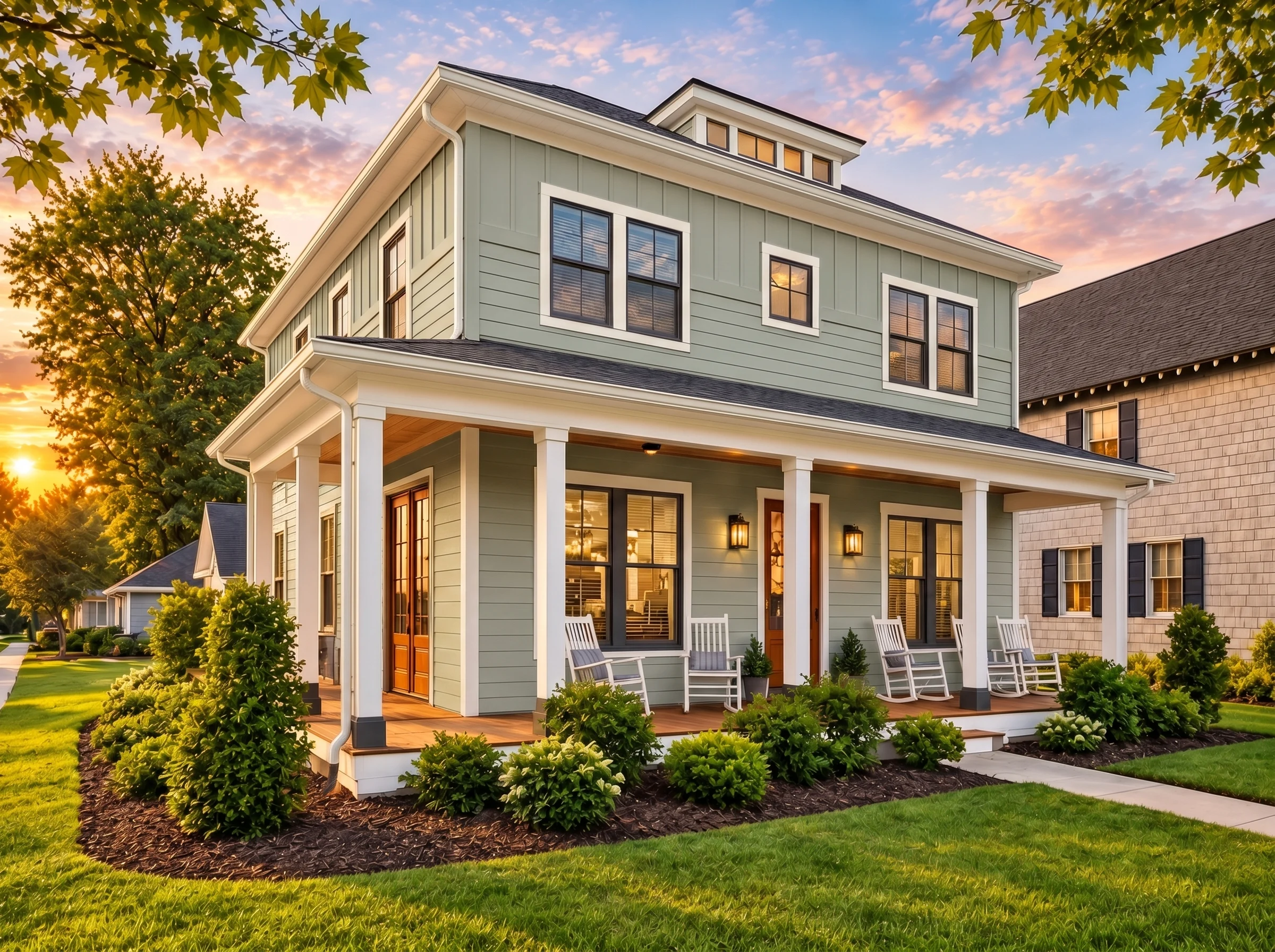 Plan  16-1053 – Gonzalez Walk |  Coastal Traditional – 3-Bed, 3-Bath, 2,649 SF - Muted Sage, AI-generated exterior concept