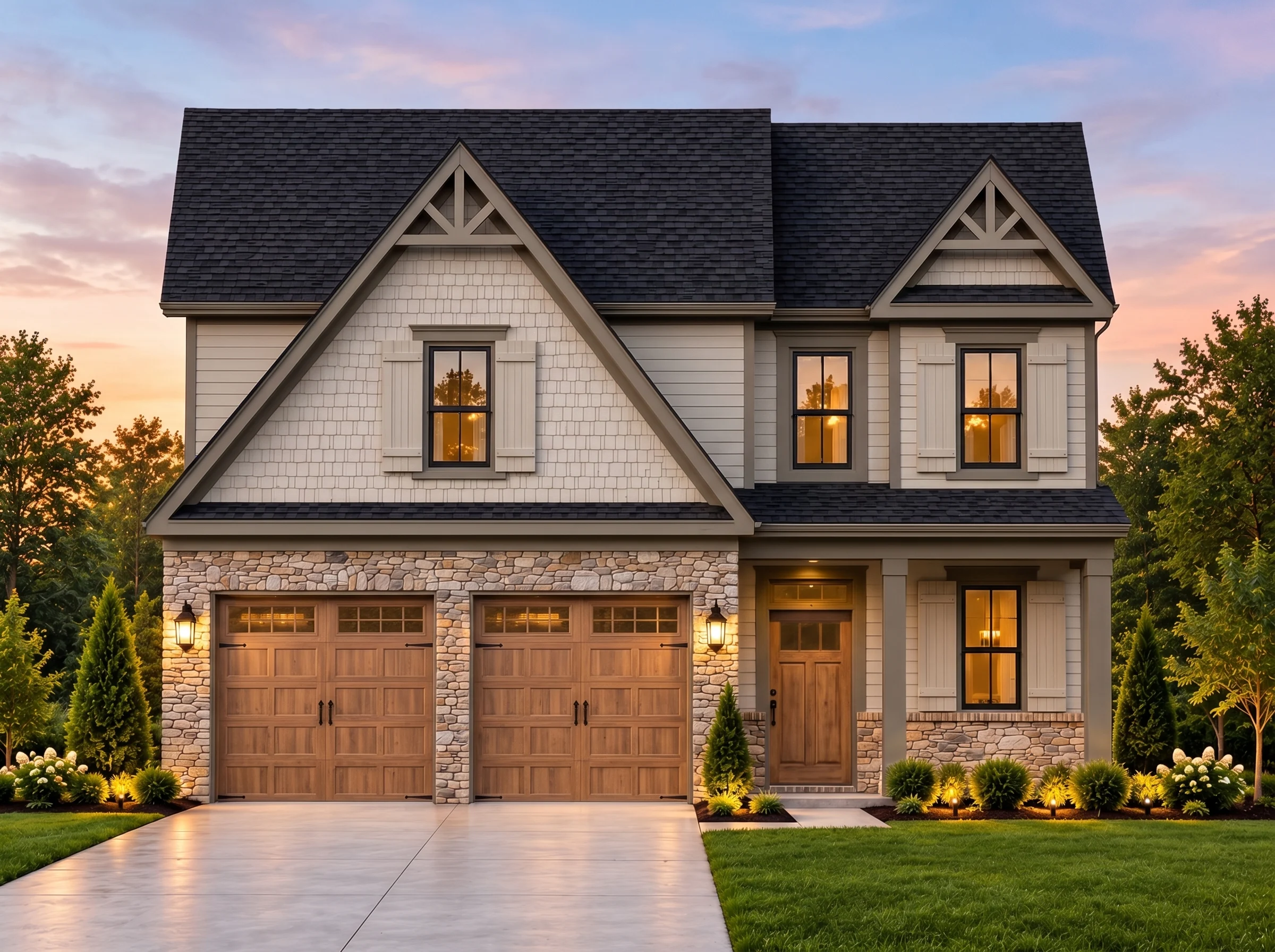 Plan  16-1179 – Sycamore Cottage |  New American – 3-Bed, 3.5-Bath, 2,384 SF - Mushroom Taupe, AI-generated exterior concept