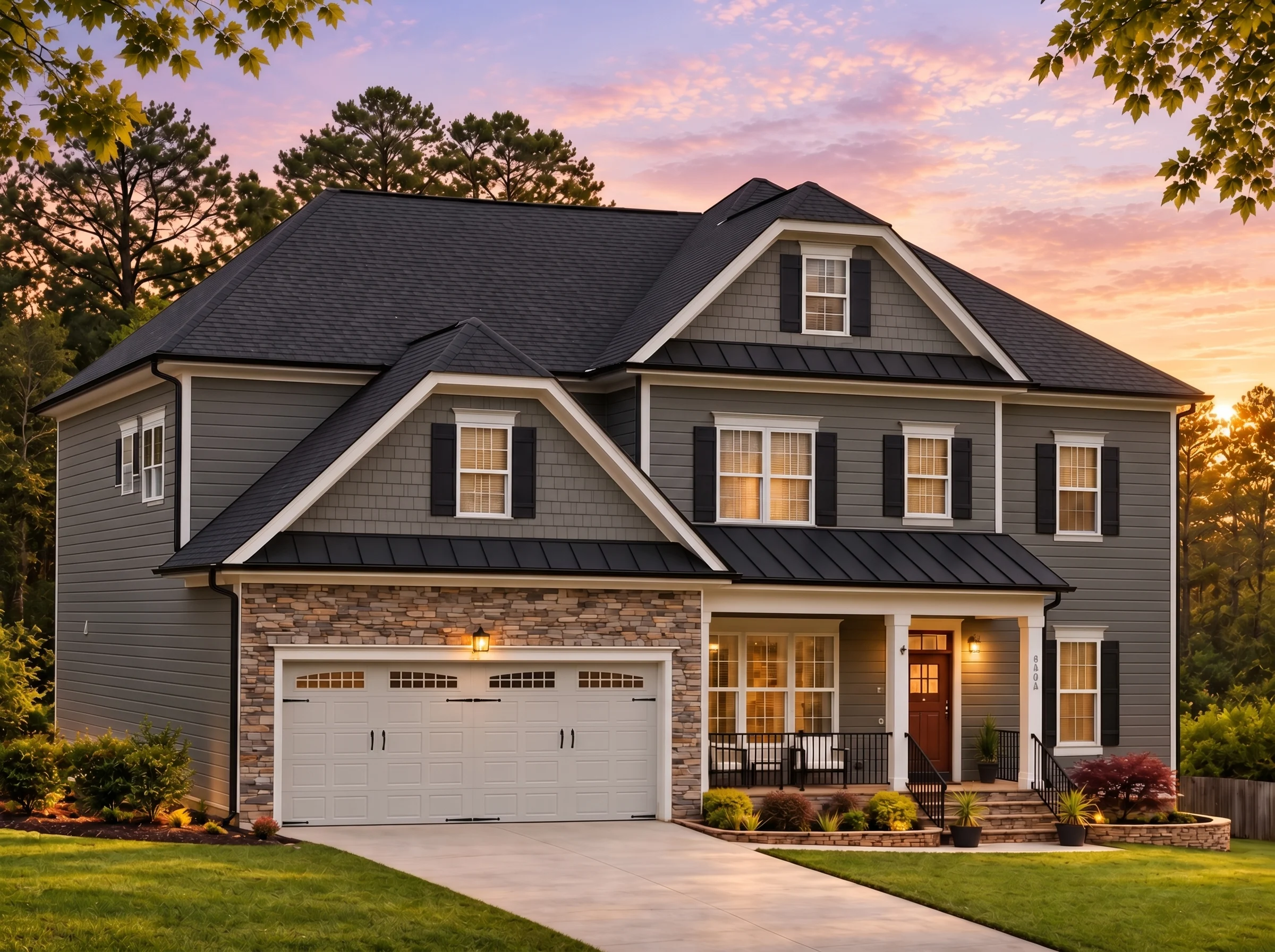 Plan  16-1175C – Auburn Bend Haven |  Traditional Colonial – 5-Bed, 4-Bath, 3,107 SF - Warm Charcoal, AI-generated exterior concept