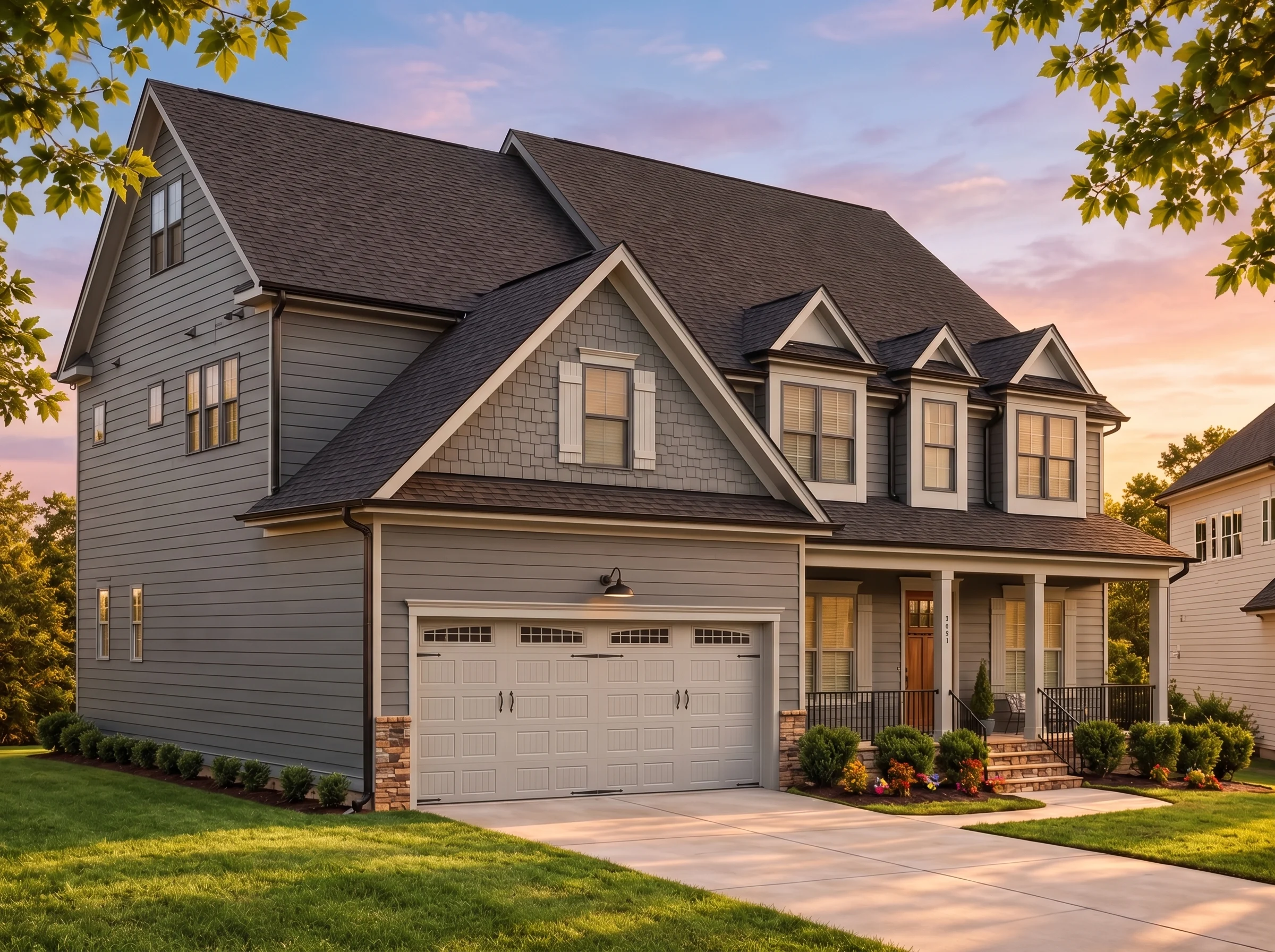 Plan  16-1175B – Auburn Landing House  | Traditional Colonial – 4-Bed, 4-Bath, 3,155 SF - Warm Charcoal, AI-generated exterior concept