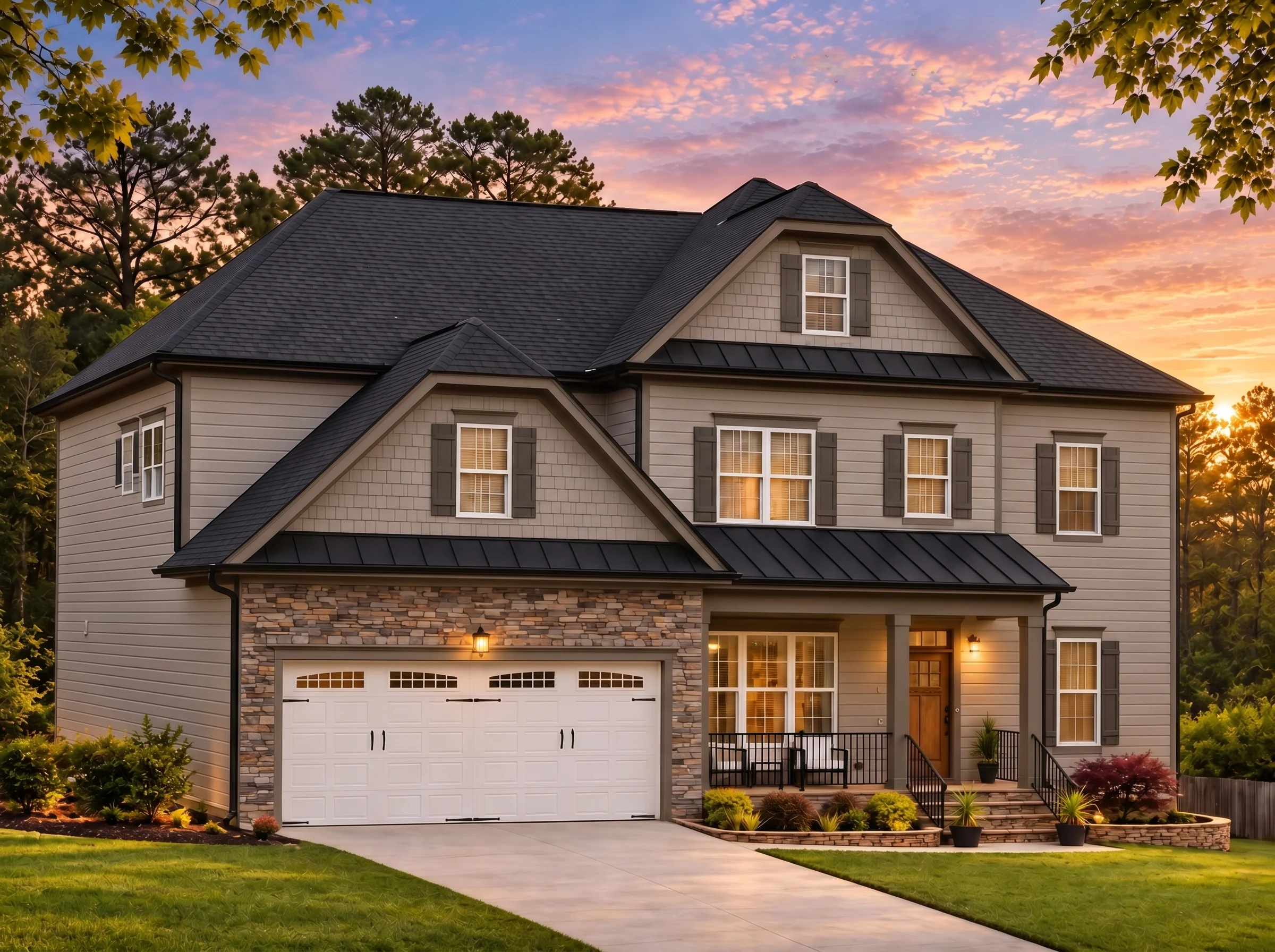 Plan  16-1175C – Auburn Bend Haven |  Traditional Colonial – 5-Bed, 4-Bath, 3,107 SF - Mushroom Taupe, AI-generated exterior concept