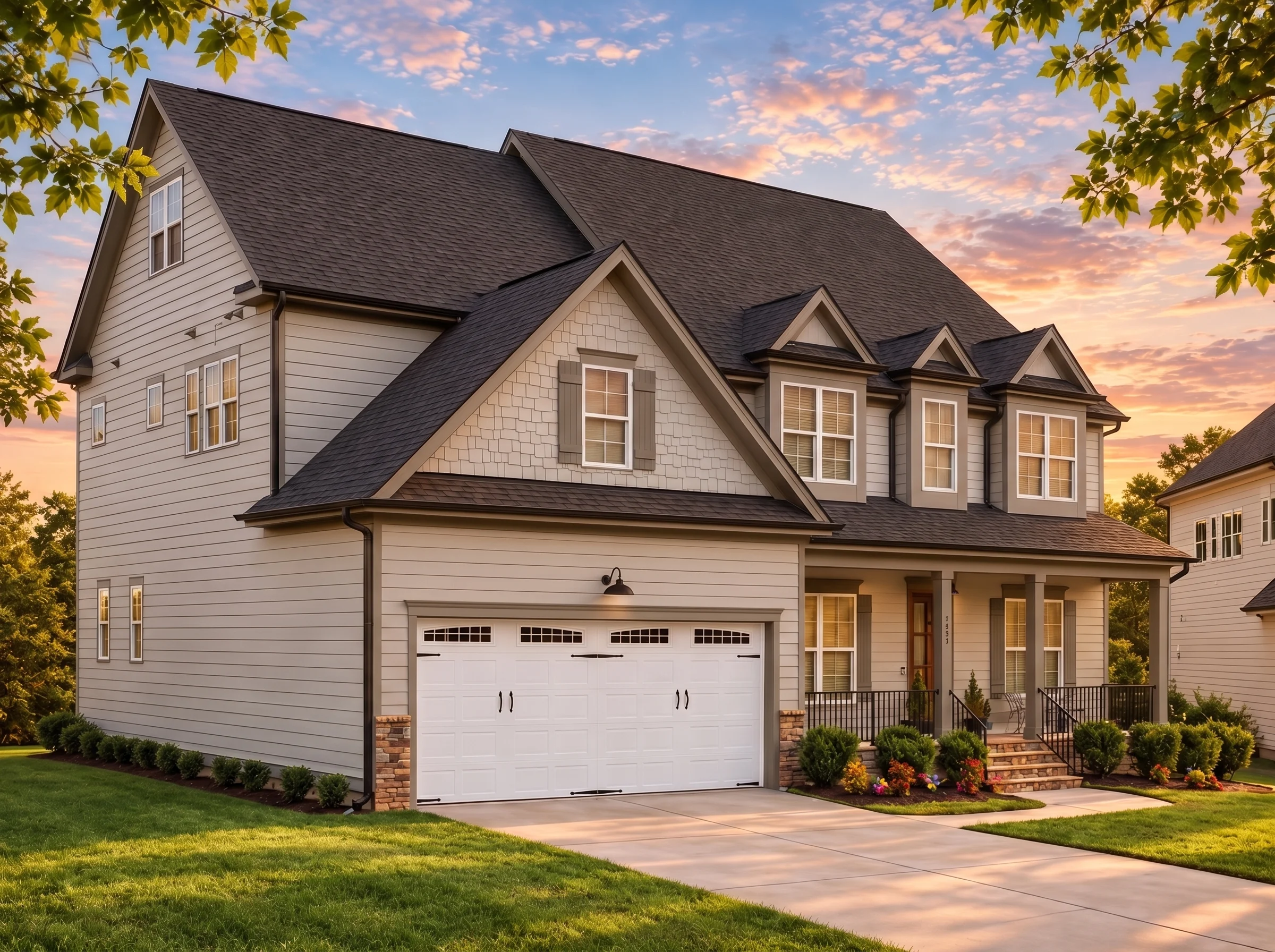 Plan  16-1175B – Auburn Landing House  | Traditional Colonial – 4-Bed, 4-Bath, 3,155 SF - Mushroom Taupe, AI-generated exterior concept