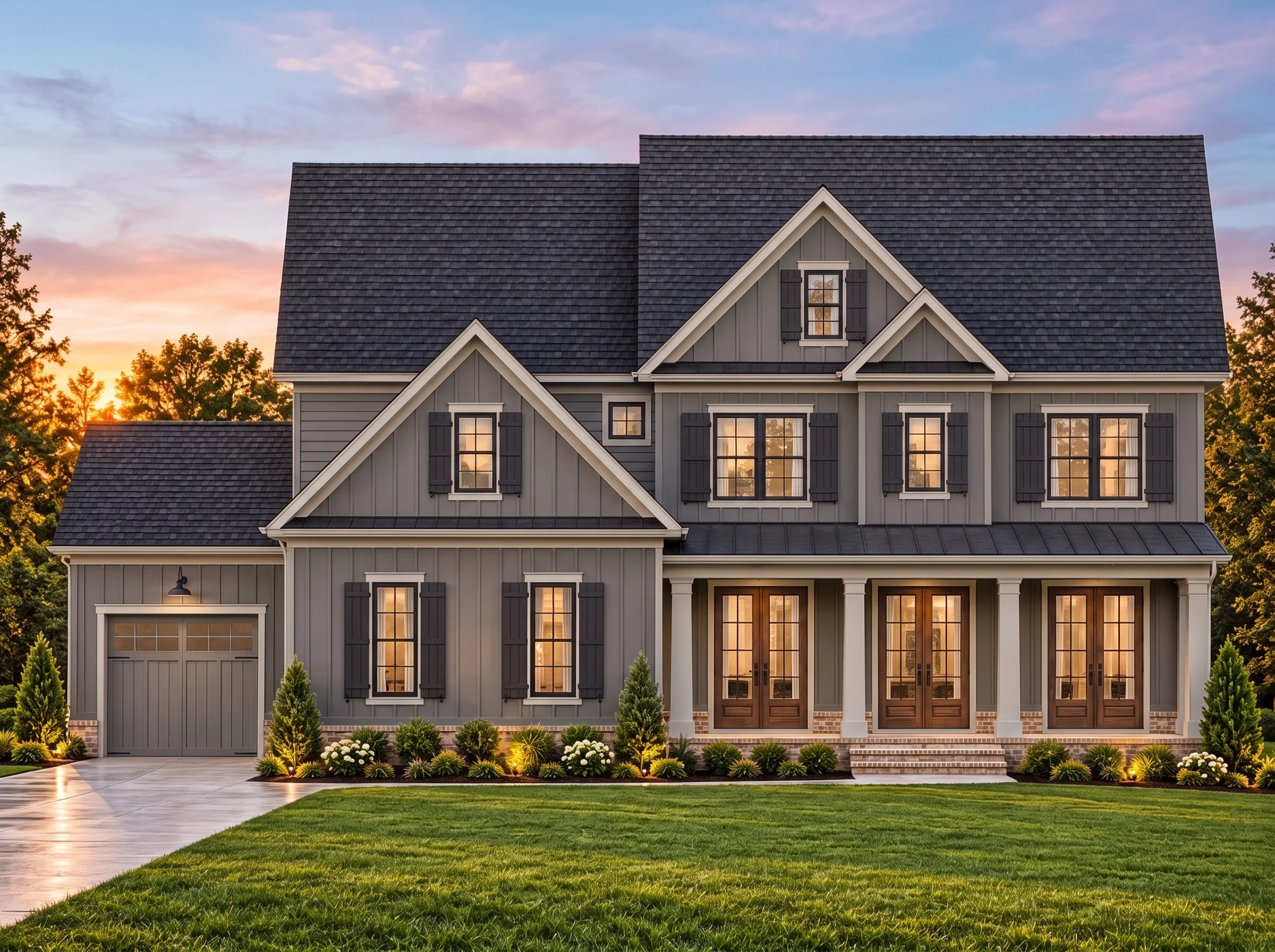 Plan  16-1344 – Virginia Basin |  Modern Farmhouse – 5-Bed, 4.5-Bath, 3,983 SF - Warm Charcoal, AI-generated exterior concept