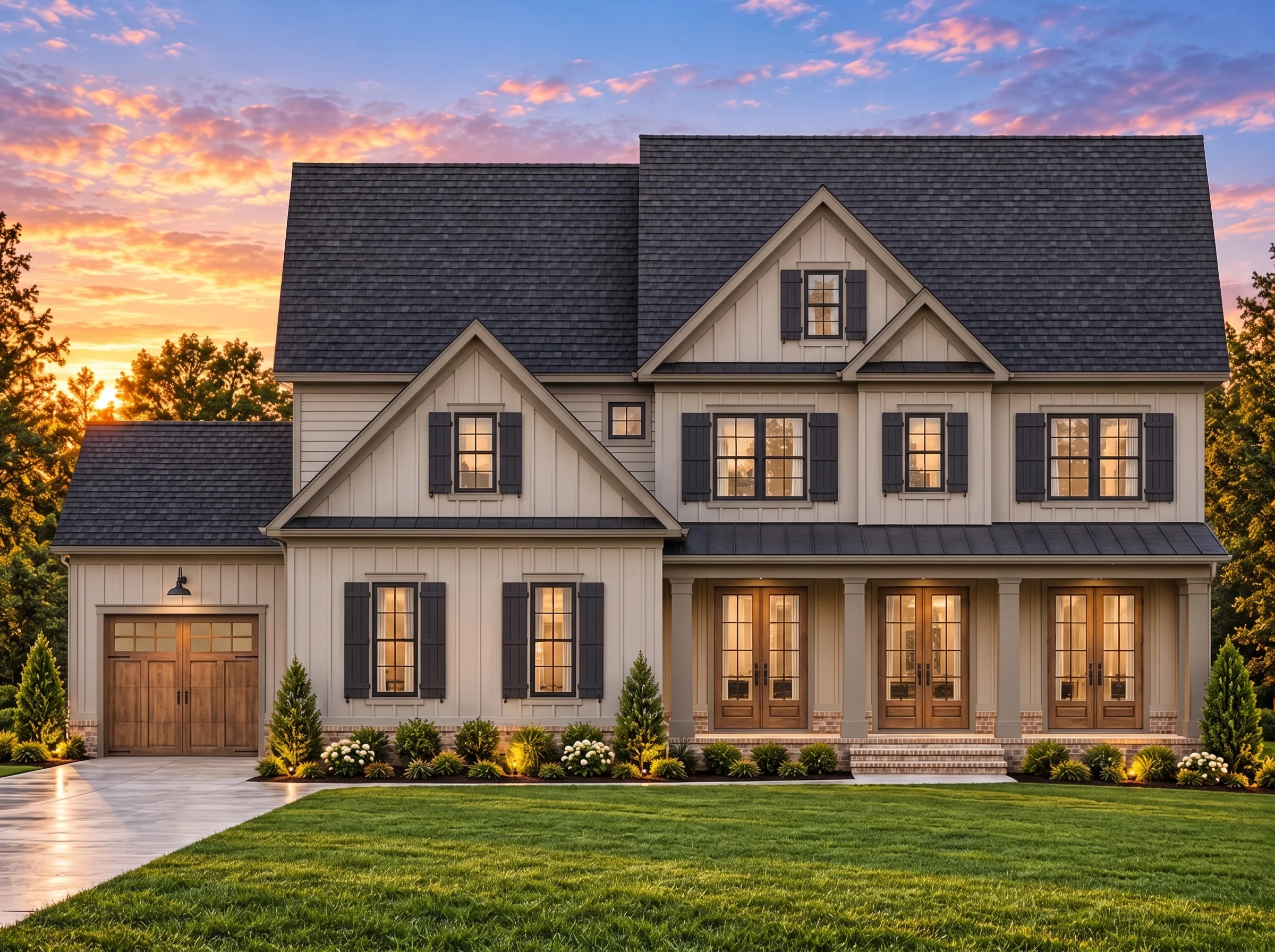 Plan  16-1344 – Virginia Basin |  Modern Farmhouse – 5-Bed, 4.5-Bath, 3,983 SF - Mushroom Taupe, AI-generated exterior concept