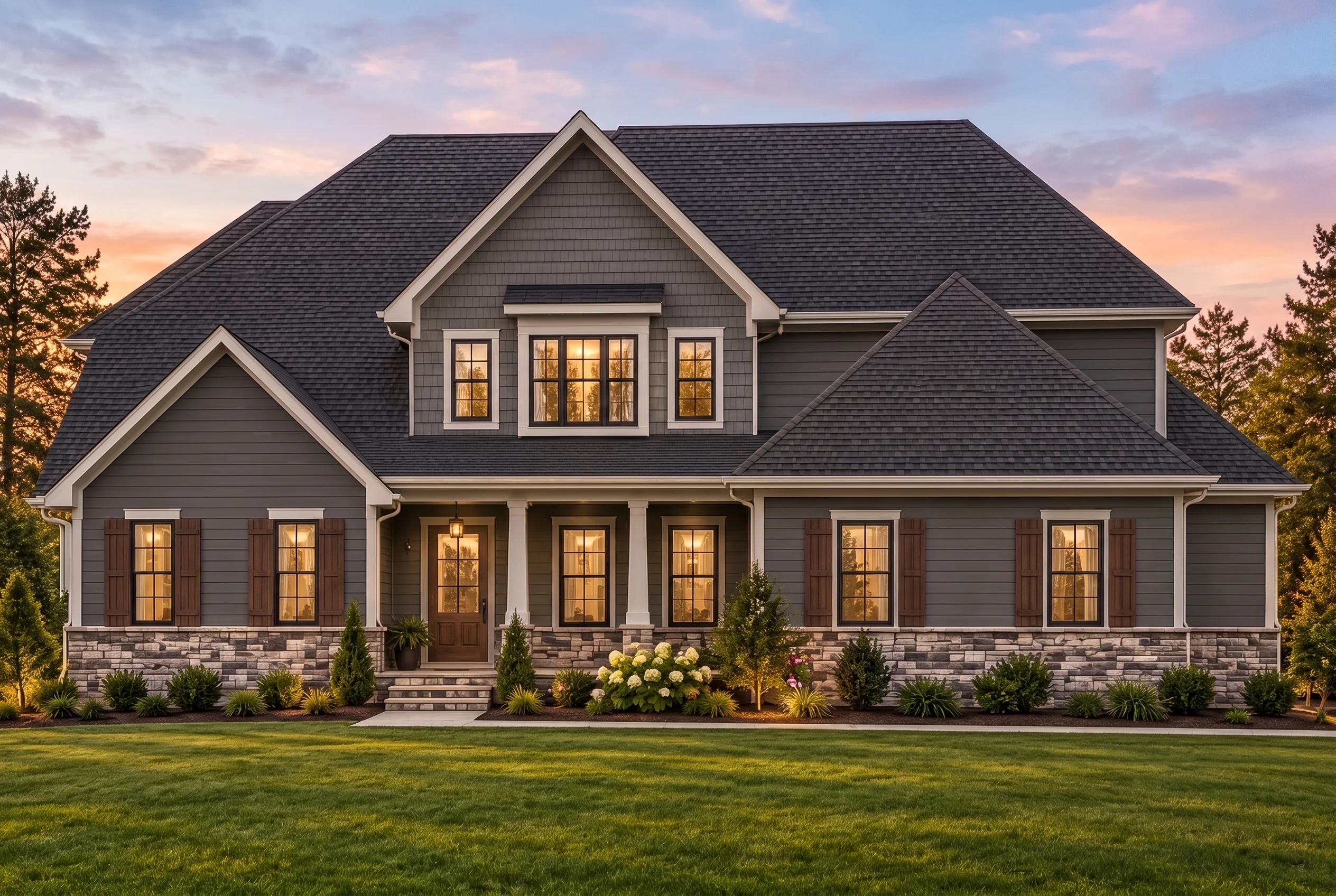 Plan  16-1292 – Shadow Manor | New  American – 4-Bed, 3.5-Bath, 2,980 SF - Warm Charcoal, AI-generated exterior concept