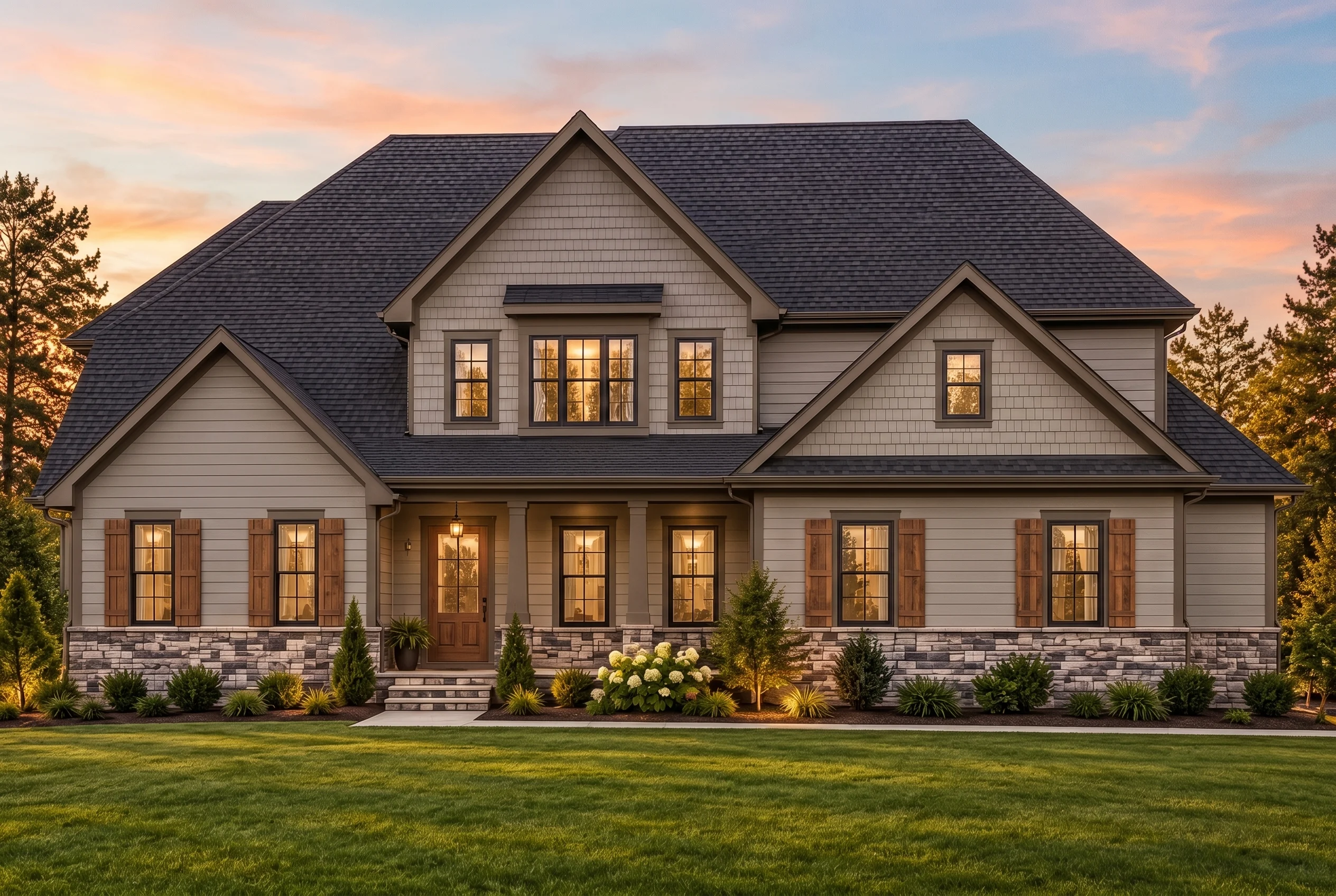 Plan  16-1292 – Shadow Manor | New  American – 4-Bed, 3.5-Bath, 2,980 SF - Mushroom Taupe, AI-generated exterior concept