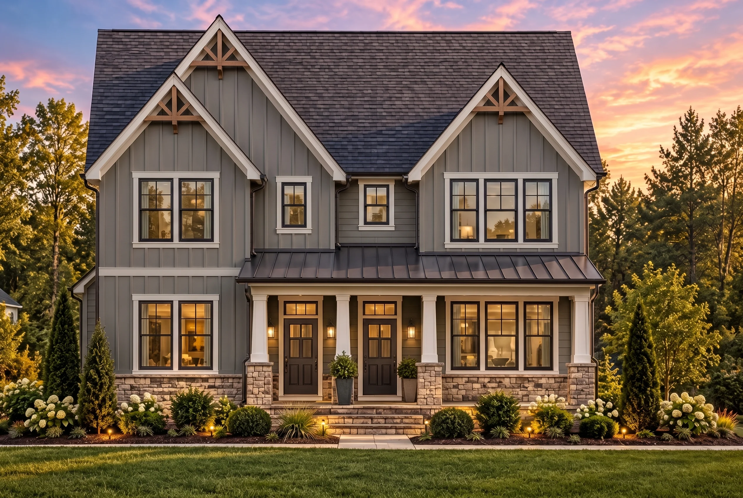Plan  16-1286 – Cook Meadow | Modern  Farmhouse Duplex – 3-Bed, 2.5-Bath, 1,415 SF - Warm Charcoal, AI-generated exterior concept