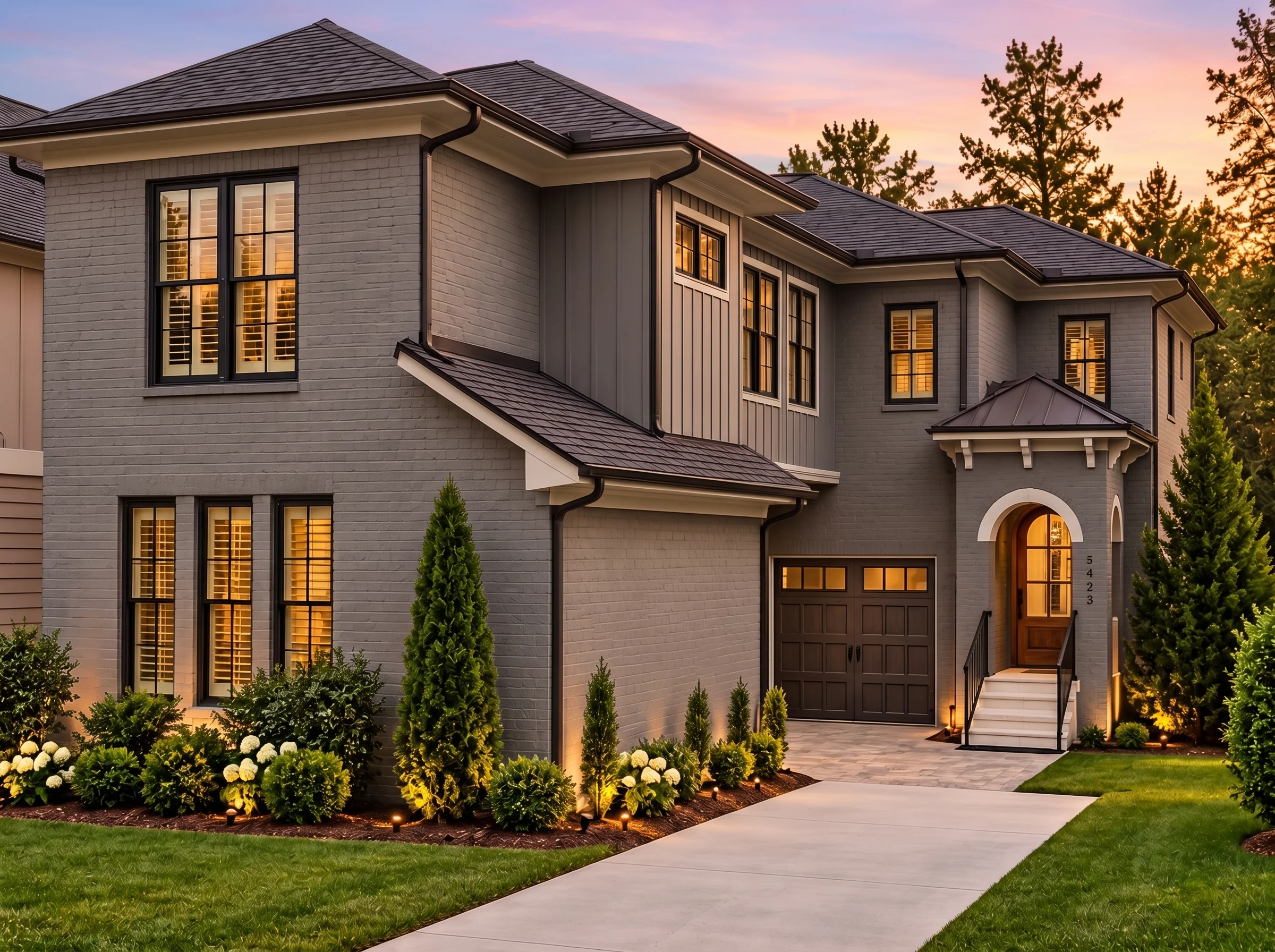 Plan  16-1285 – The Reed Estate |  Traditional Colonial – 5-Bed, 5-Bath, 4,799 SF - Warm Charcoal, AI-generated exterior concept