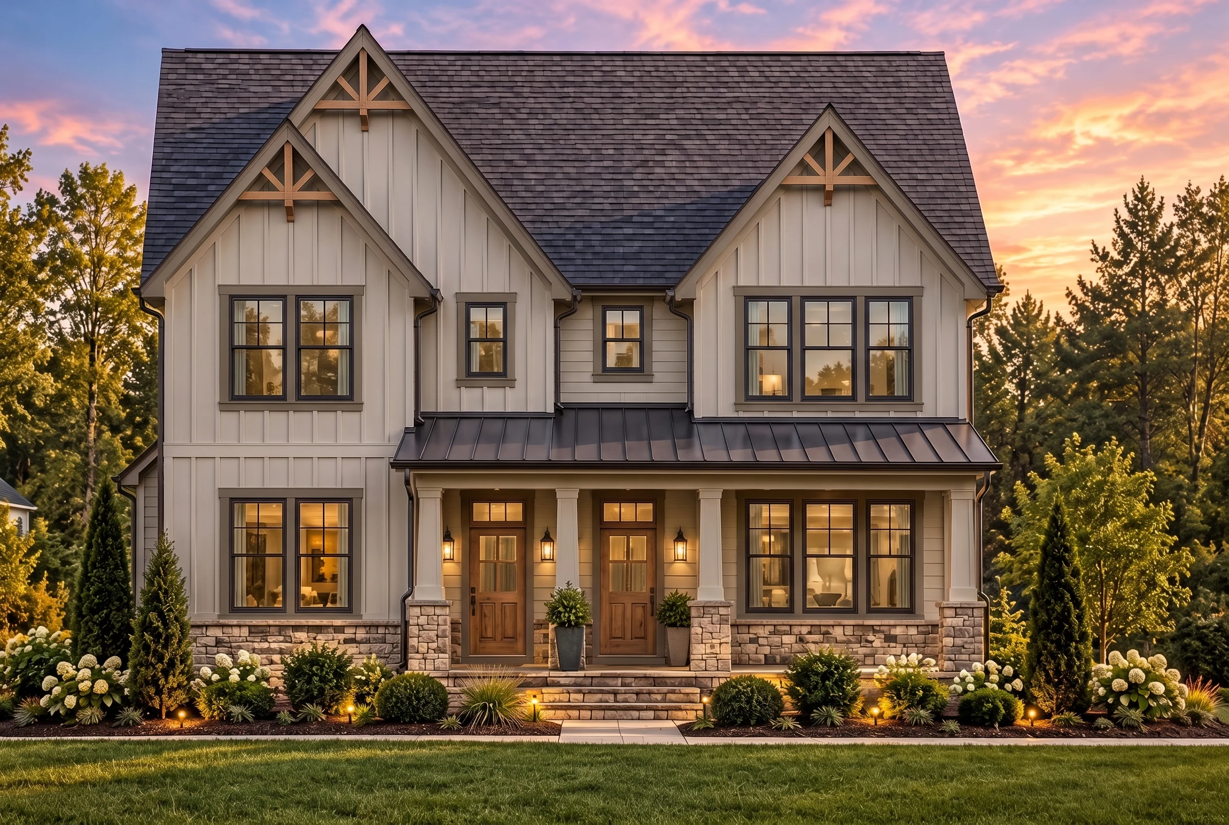 Plan  16-1286 – Cook Meadow | Modern  Farmhouse Duplex – 3-Bed, 2.5-Bath, 1,415 SF - Mushroom Taupe, AI-generated exterior concept