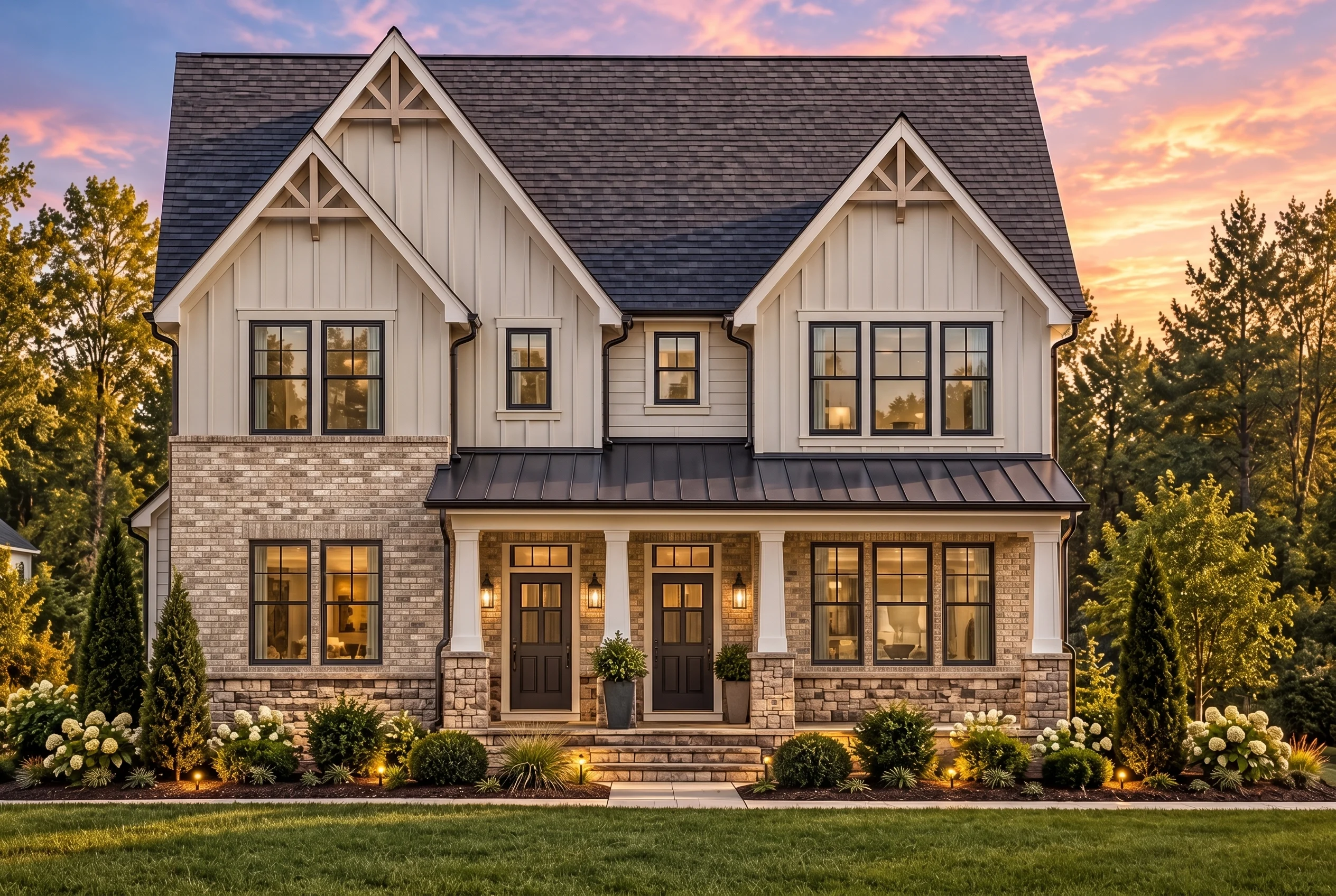 Plan  16-1286 – Cook Meadow | Modern  Farmhouse Duplex – 3-Bed, 2.5-Bath, 1,415 SF - Natural Brick, AI-generated exterior concept