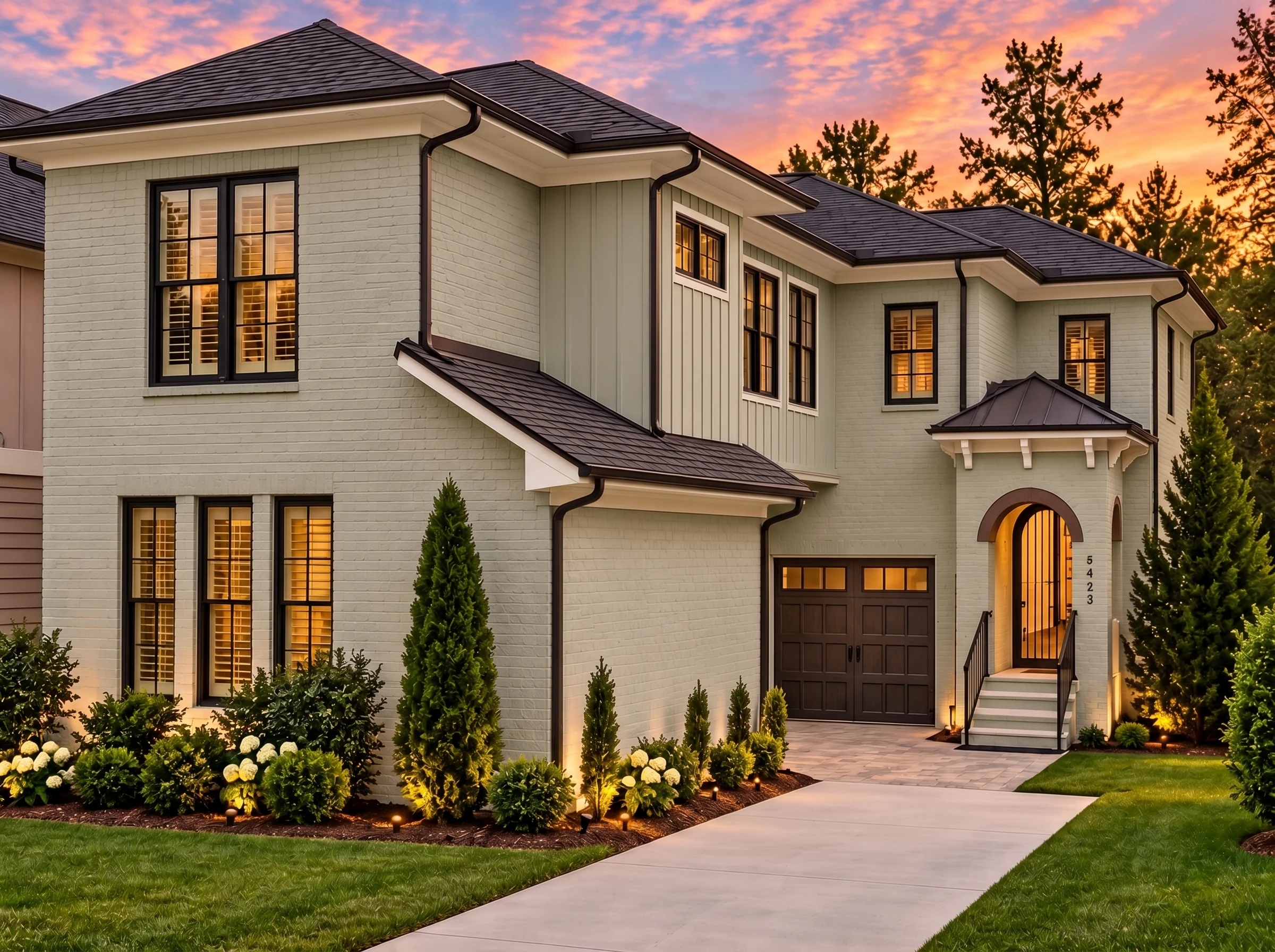 Plan  16-1285 – The Reed Estate |  Traditional Colonial – 5-Bed, 5-Bath, 4,799 SF - Muted Sage, AI-generated exterior concept