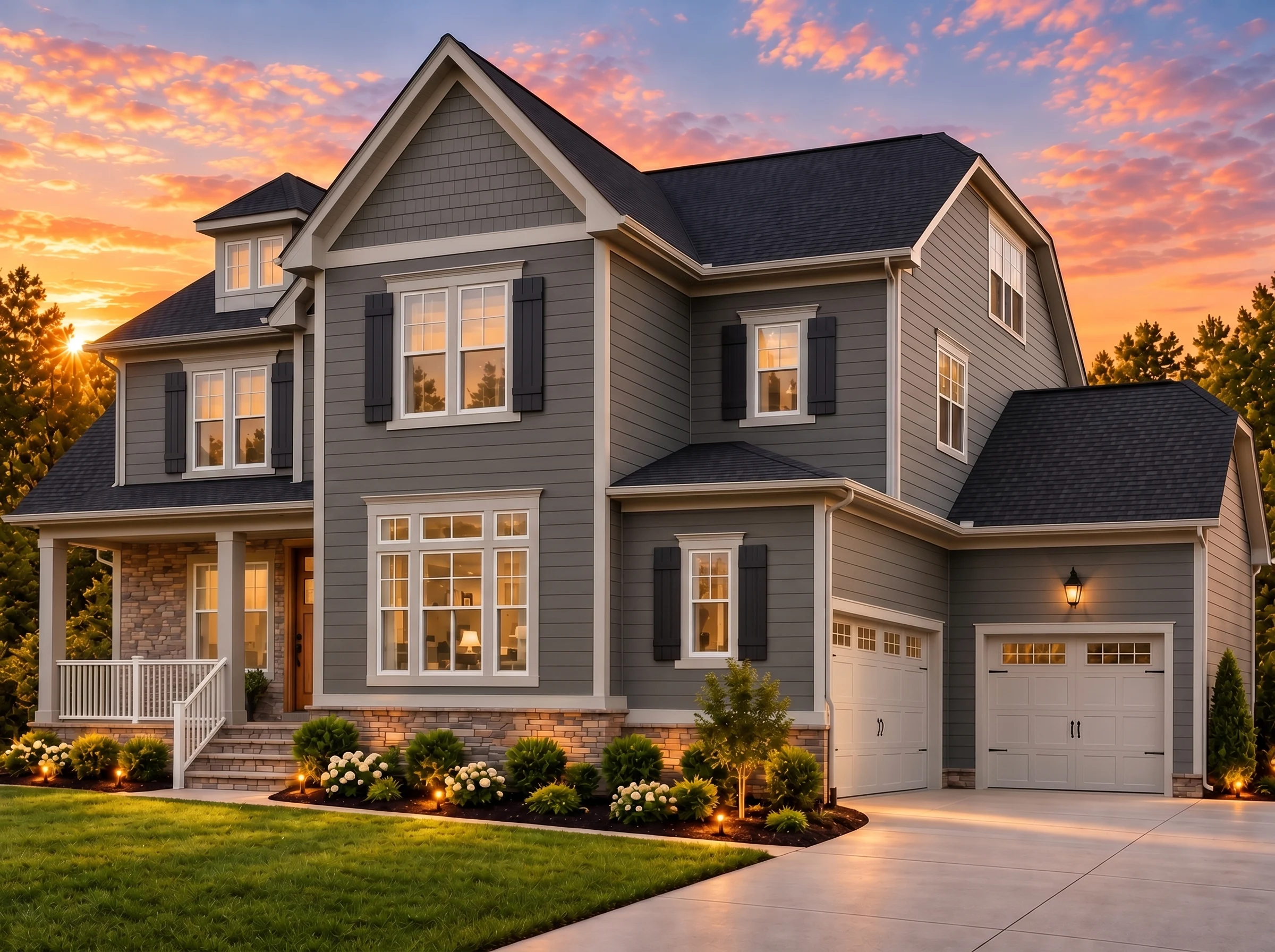 Plan  16-1250 – The Morris Farmhouse  | New American – 5-Bed, 3.5-Bath, 3,412 SF - Warm Charcoal, AI-generated exterior concept