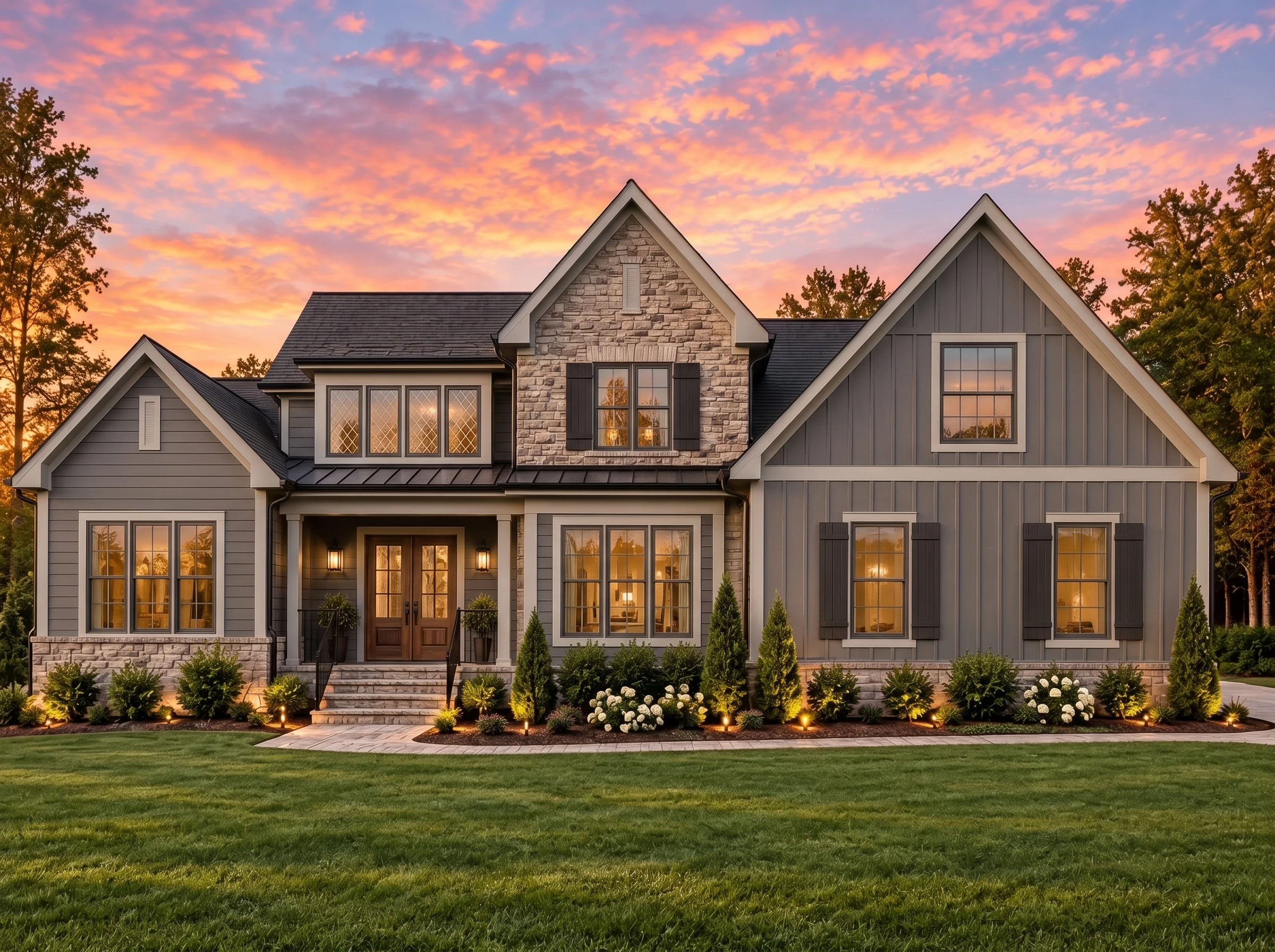 Plan  16-1246 – Orchard House |  Modern Farmhouse – 5-Bed, 4-Bath, 3,825 SF - Warm Charcoal, AI-generated exterior concept