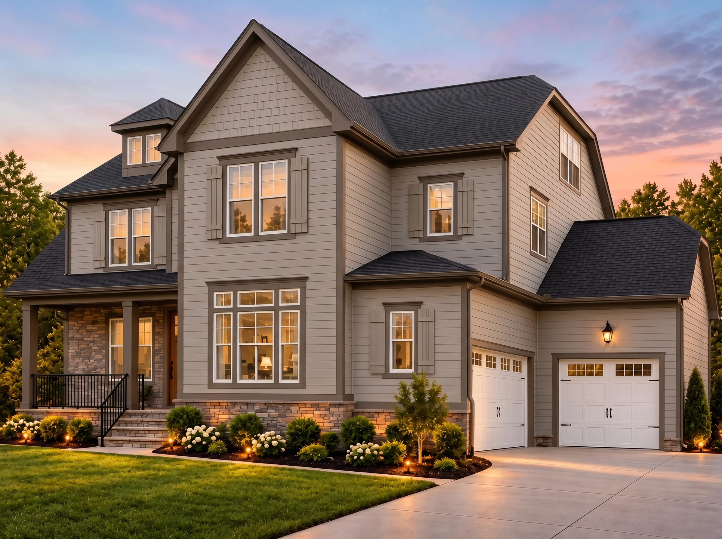 Plan  16-1250 – The Morris Farmhouse  | New American – 5-Bed, 3.5-Bath, 3,412 SF - Mushroom Taupe, AI-generated exterior concept