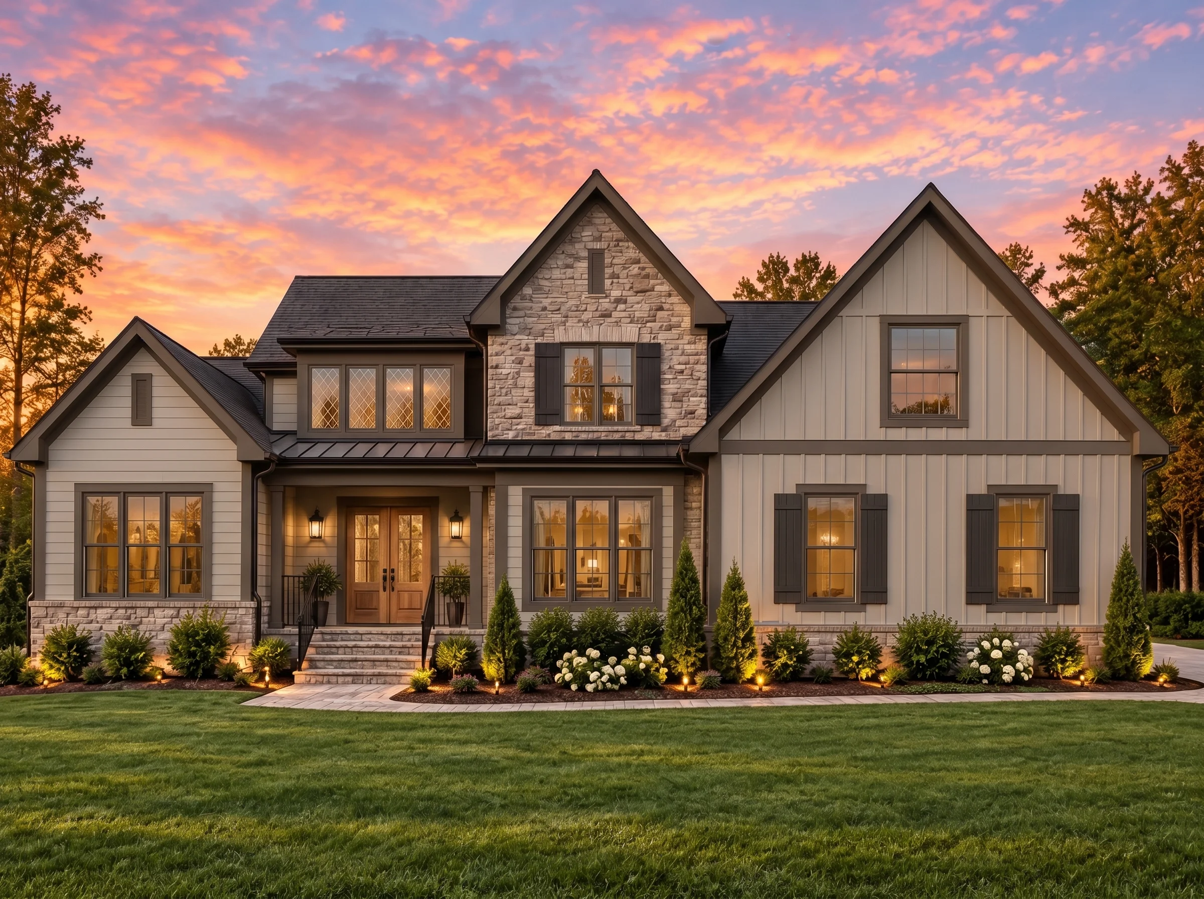 Plan  16-1246 – Orchard House |  Modern Farmhouse – 5-Bed, 4-Bath, 3,825 SF - Mushroom Taupe, AI-generated exterior concept