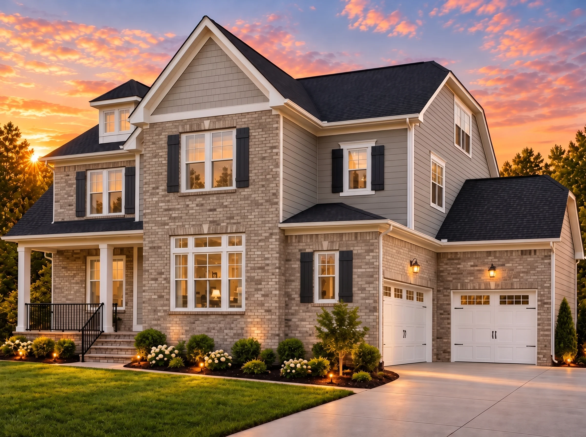 Plan  16-1250 – The Morris Farmhouse  | New American – 5-Bed, 3.5-Bath, 3,412 SF - Natural Brick, AI-generated exterior concept