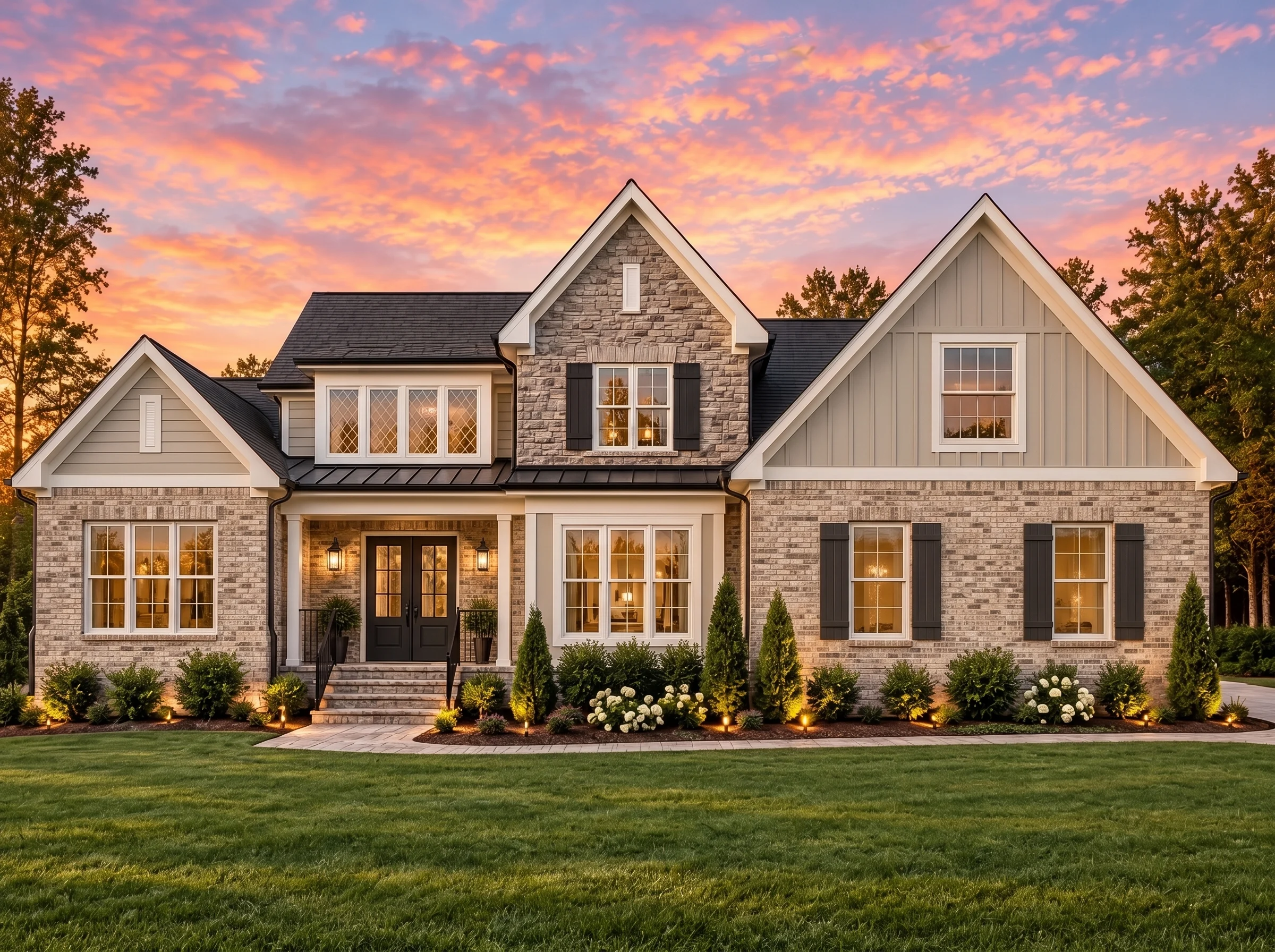 Plan  16-1246 – Orchard House |  Modern Farmhouse – 5-Bed, 4-Bath, 3,825 SF - Natural Brick, AI-generated exterior concept