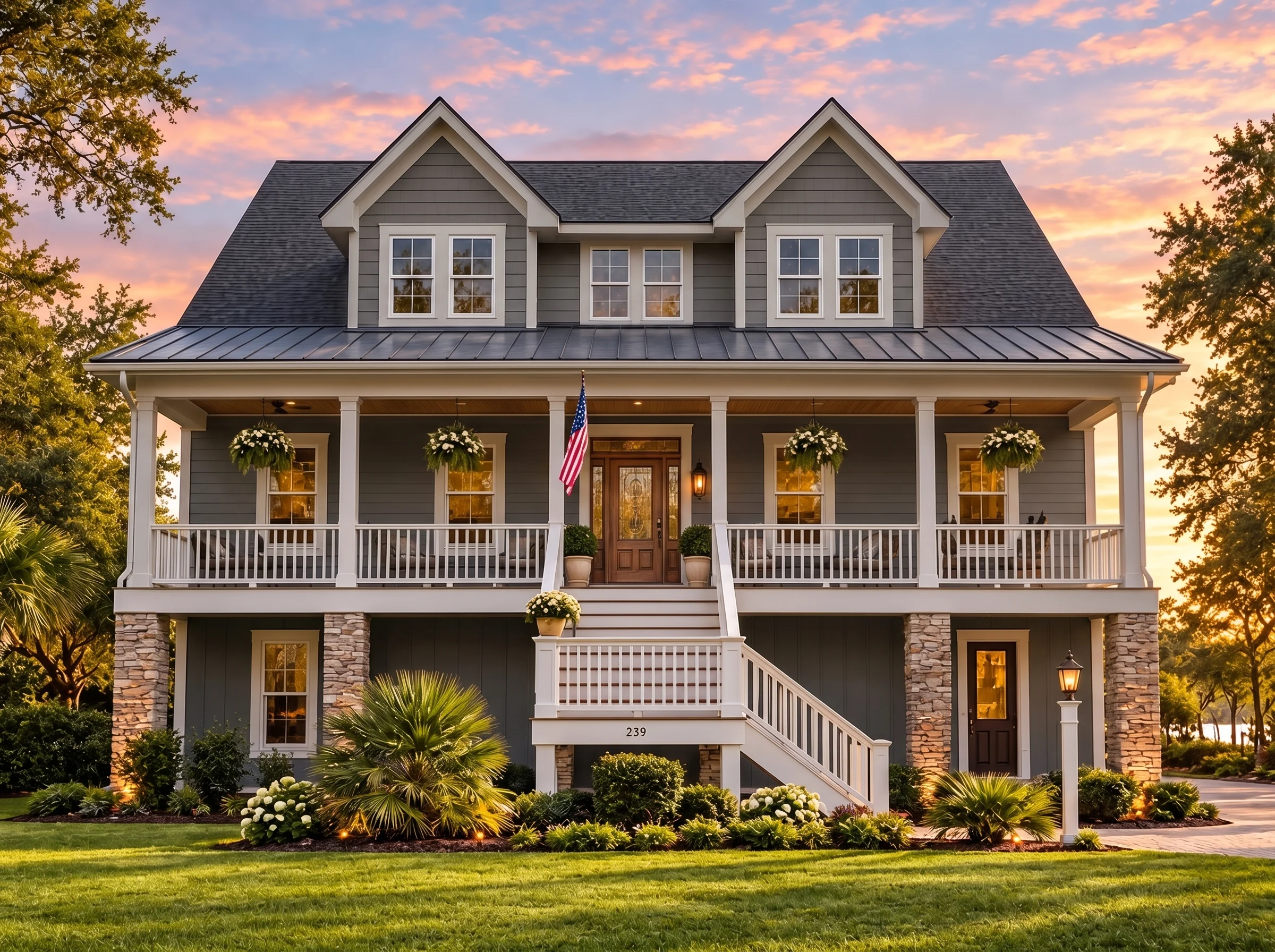 Plan  16-1225 – Montana Ridge |  Coastal Farmhouse – 4-Bed, 5-Bath, 4,250 SF - Warm Charcoal, AI-generated exterior concept