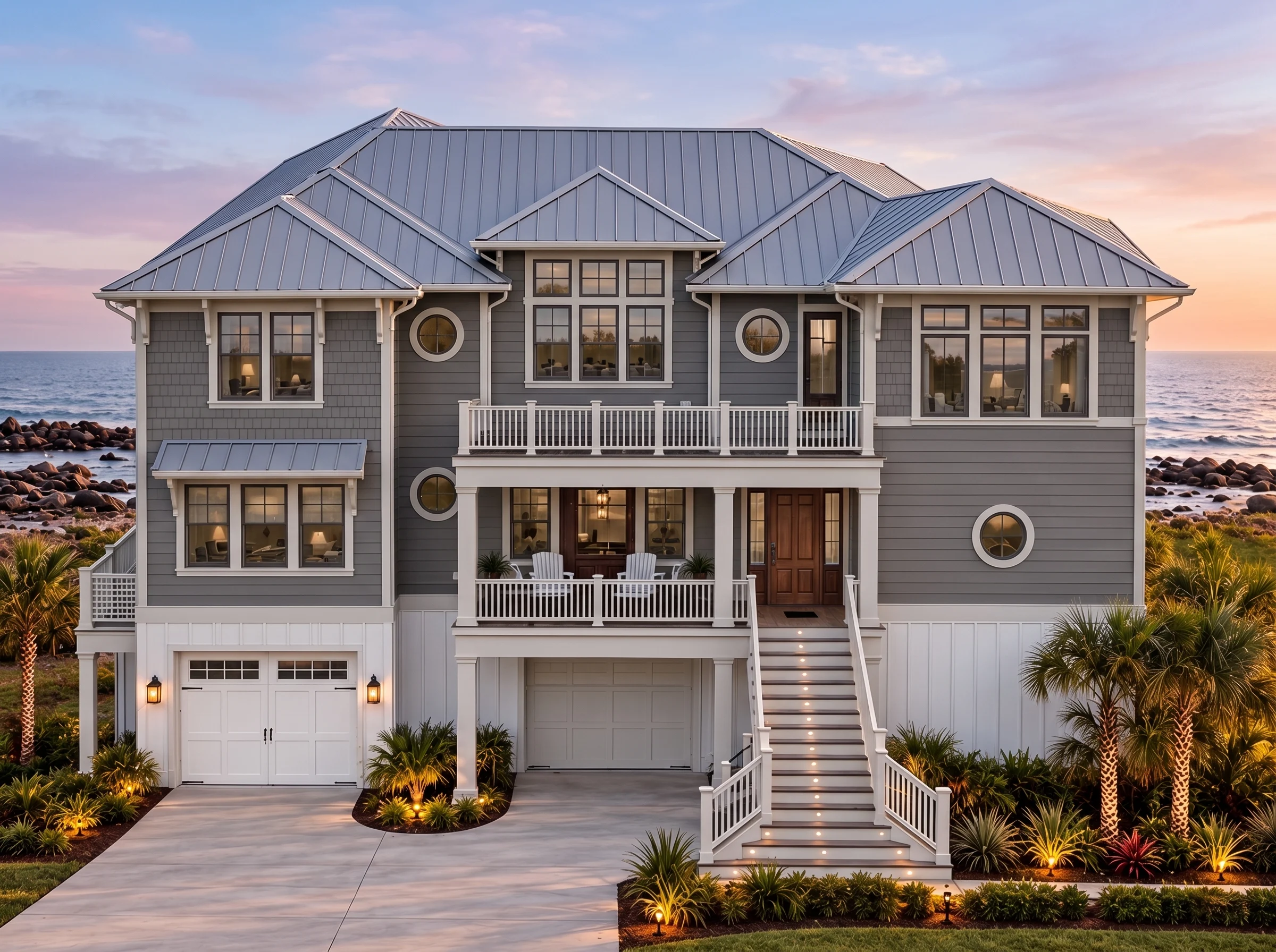 Plan  16-1206 – Auburn Harbor Chalet  | Coastal – 4-Bed, 3-Bath, 3,406 SF - Warm Charcoal, AI-generated exterior concept
