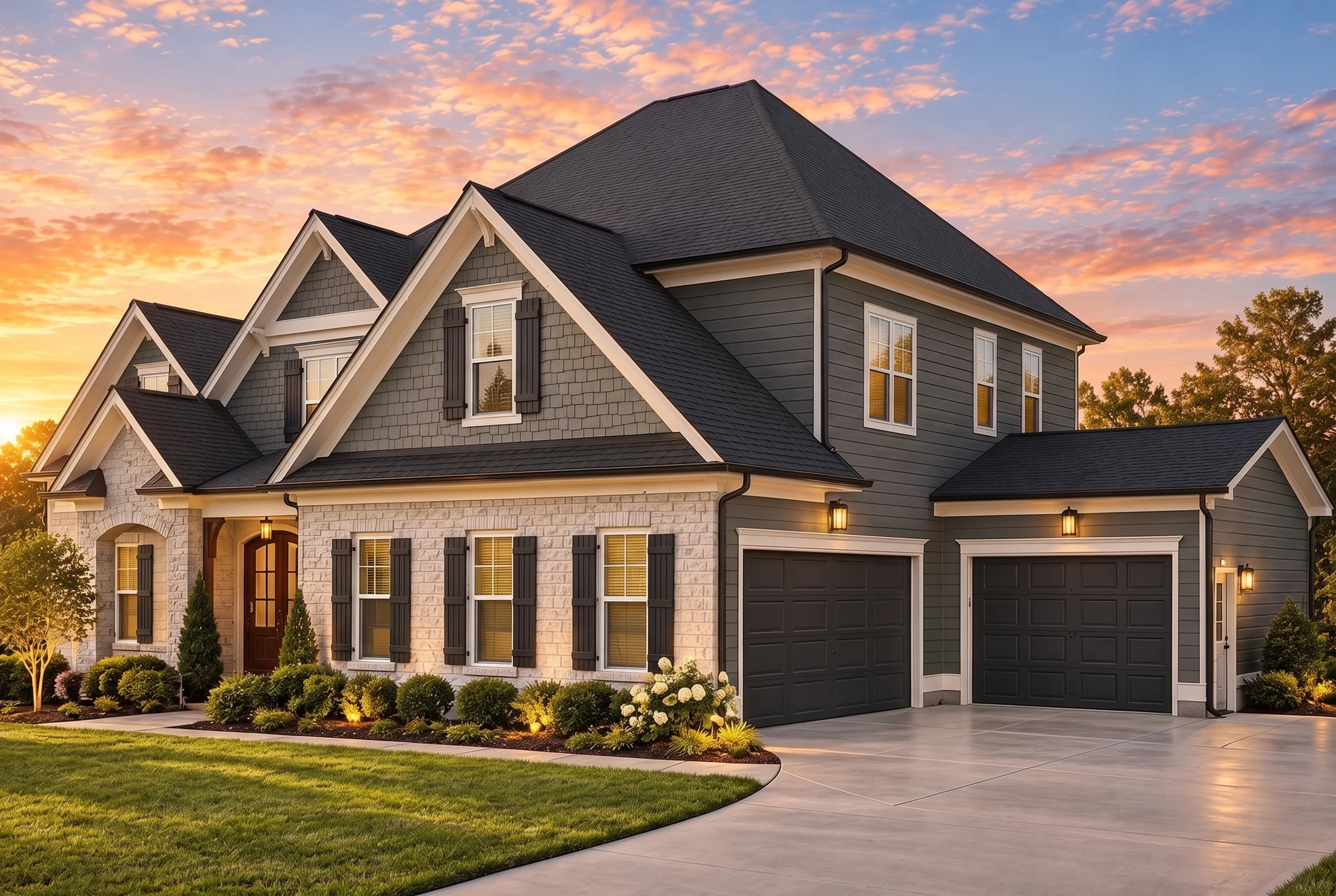 Plan  16-1226 – Carolina Plateau |  New American – 5-Bed, 4.5-Bath, 4,400 SF - Warm Charcoal, AI-generated exterior concept