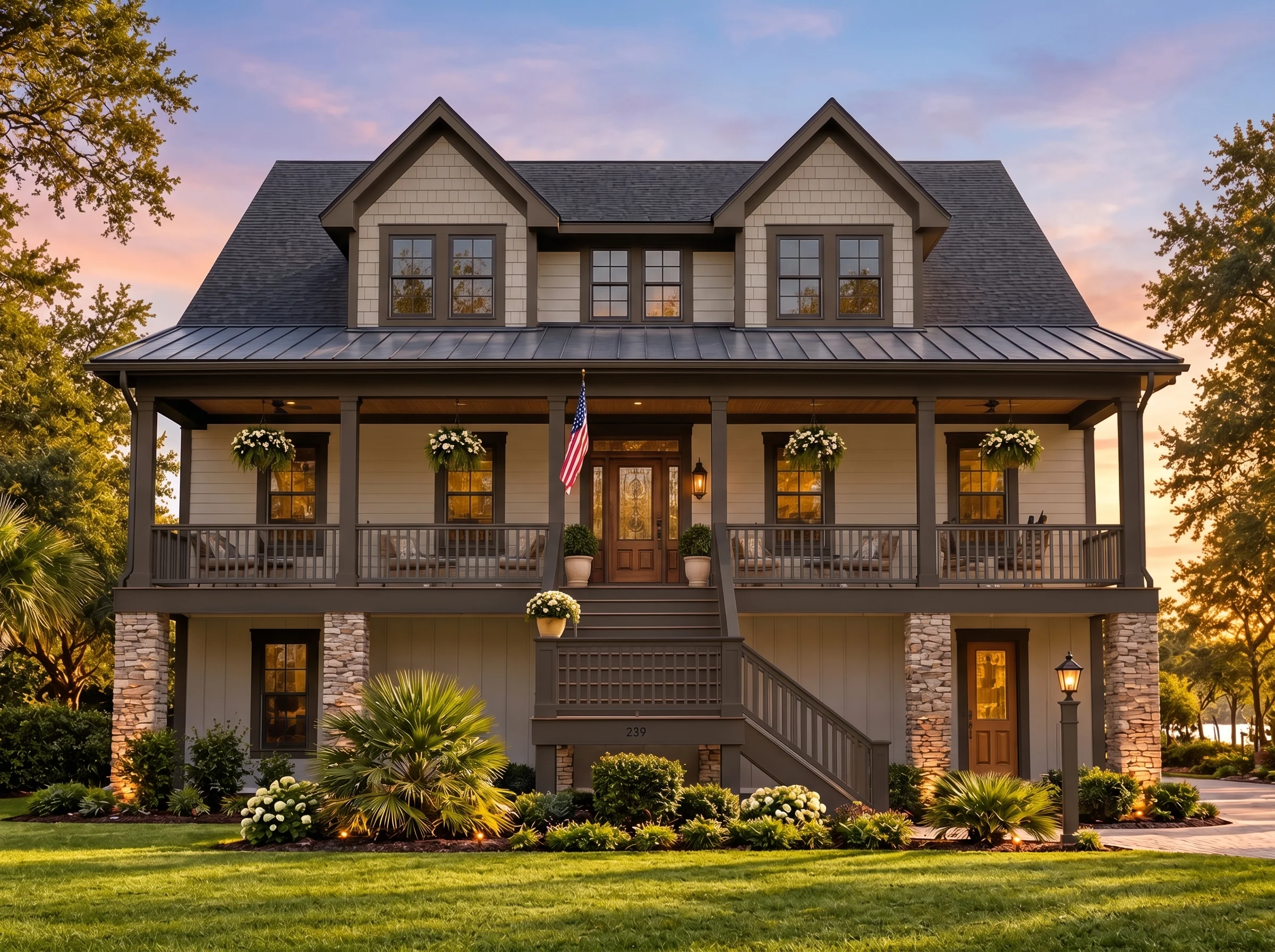 Plan  16-1225 – Montana Ridge |  Coastal Farmhouse – 4-Bed, 5-Bath, 4,250 SF - Mushroom Taupe, AI-generated exterior concept