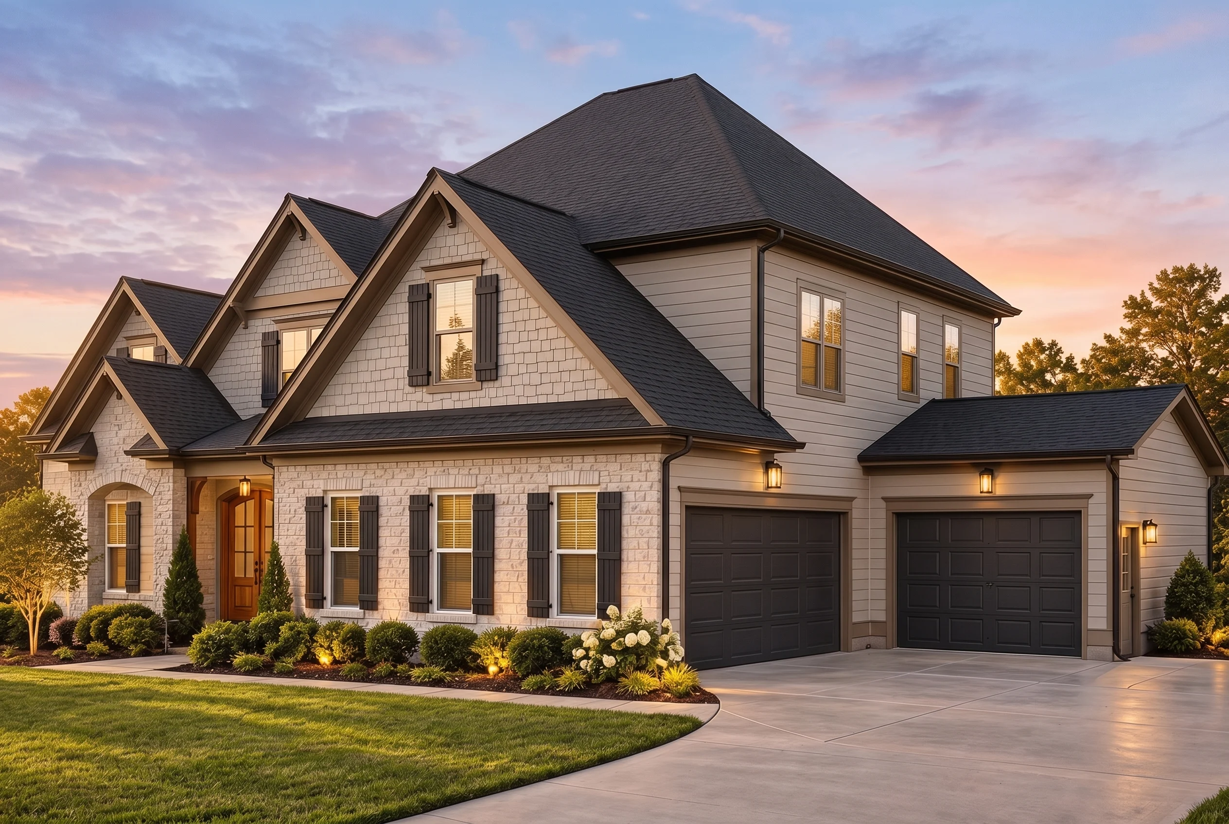 Plan  16-1226 – Carolina Plateau |  New American – 5-Bed, 4.5-Bath, 4,400 SF - Mushroom Taupe, AI-generated exterior concept