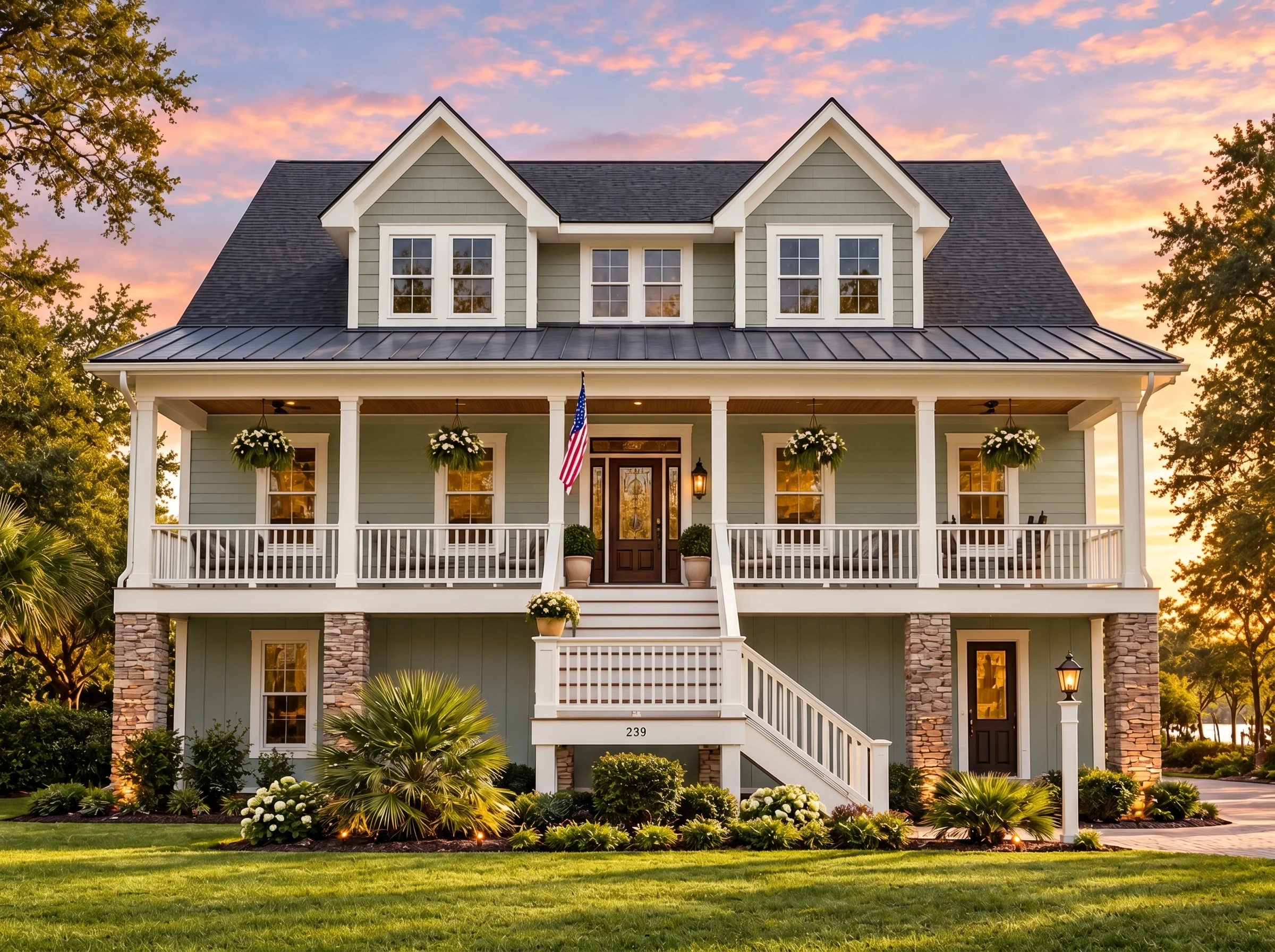 Plan  16-1225 – Montana Ridge |  Coastal Farmhouse – 4-Bed, 5-Bath, 4,250 SF - Muted Sage, AI-generated exterior concept