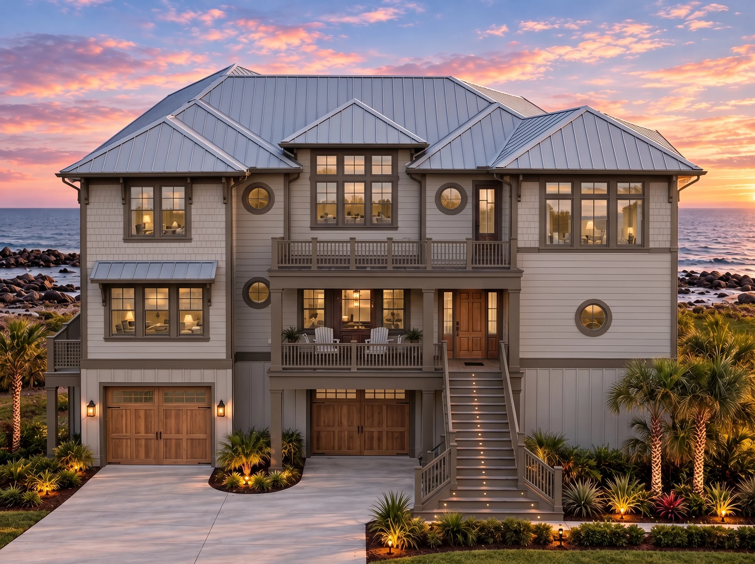 Plan  16-1206 – Auburn Harbor Chalet  | Coastal – 4-Bed, 3-Bath, 3,406 SF - Mushroom Taupe, AI-generated exterior concept