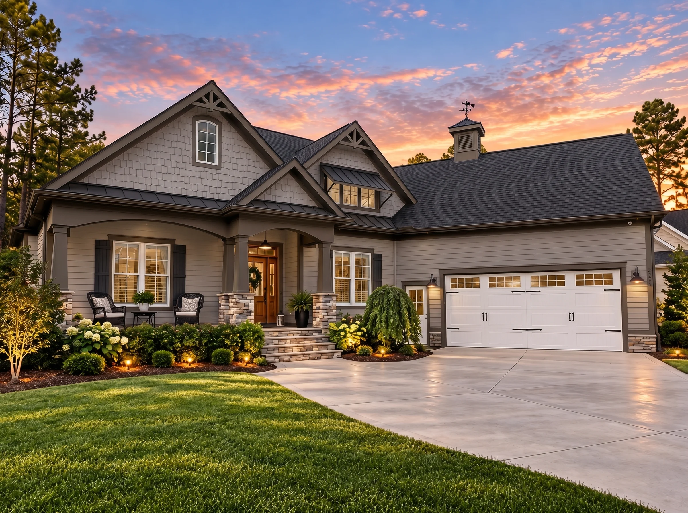 Plan  16-1211 – Collins Lodge | New  American – 3-Bed, 4-Bath, 3,783 SF - Mushroom Taupe, AI-generated exterior concept