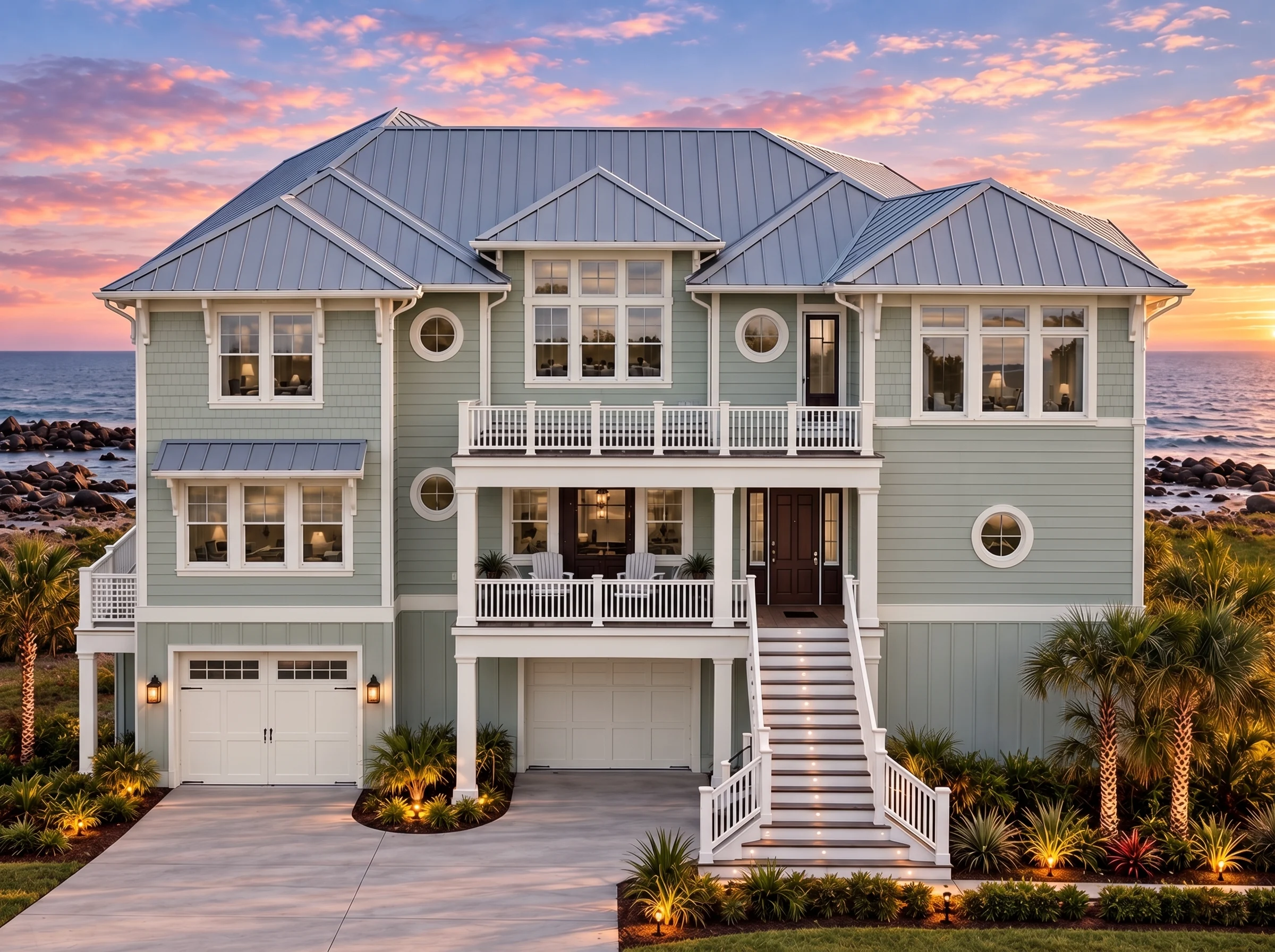 Plan  16-1206 – Auburn Harbor Chalet  | Coastal – 4-Bed, 3-Bath, 3,406 SF - Muted Sage, AI-generated exterior concept
