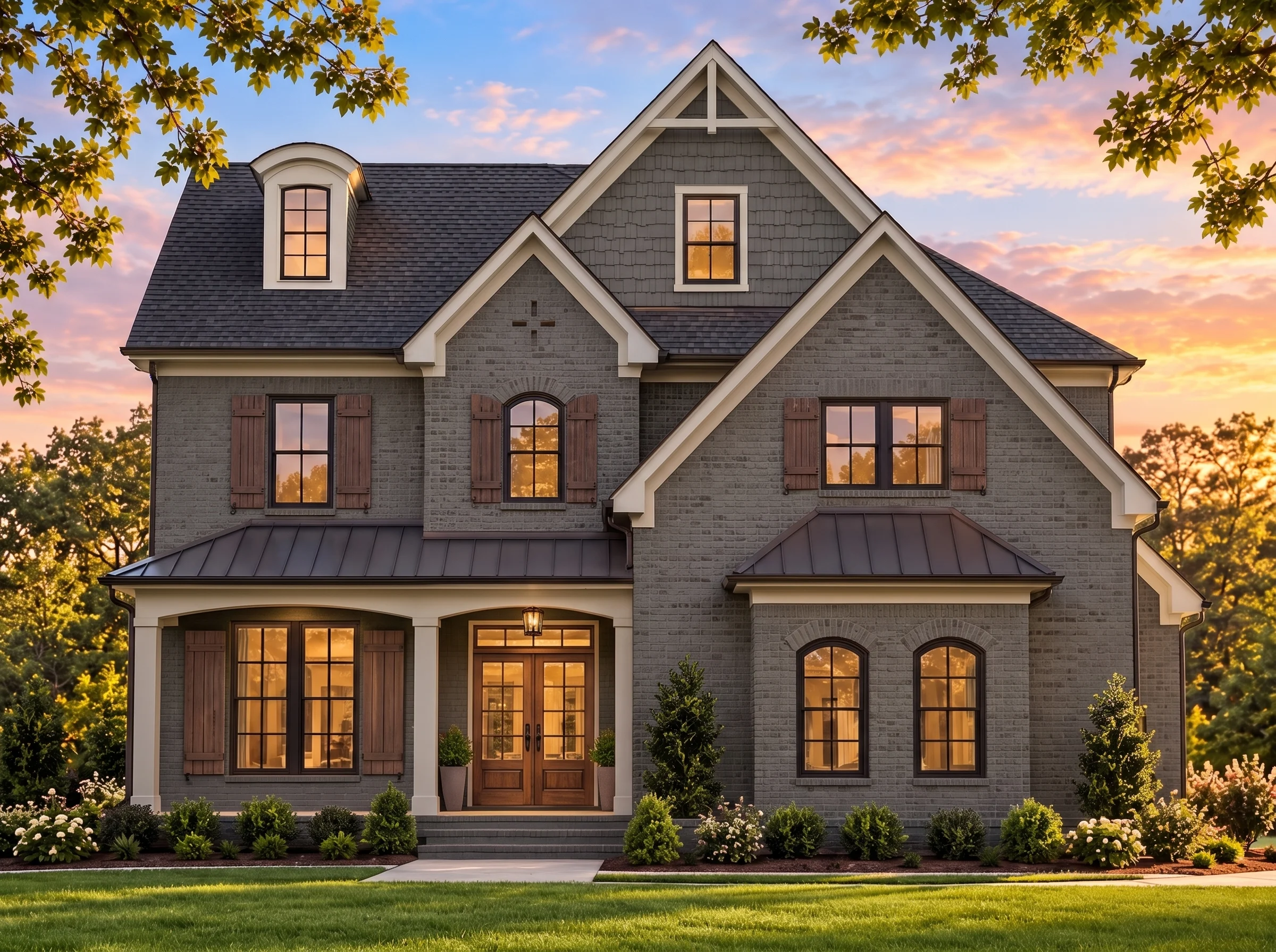 Plan  16-1398 – Aster Hollow Lodge |  Traditional – 4-Bed, 4.5-Bath, 3,265 SF - Warm Charcoal, AI-generated exterior concept