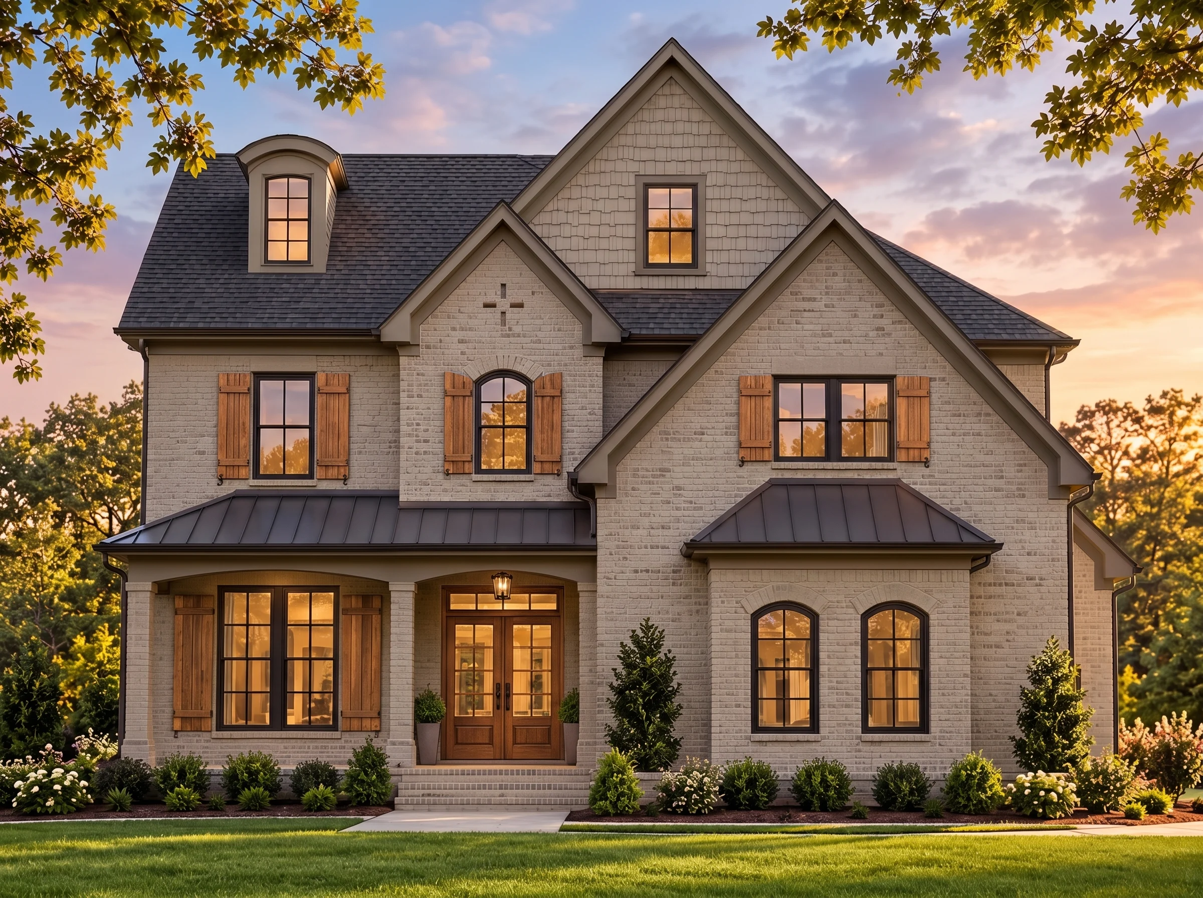 Plan  16-1398 – Aster Hollow Lodge |  Traditional – 4-Bed, 4.5-Bath, 3,265 SF - Mushroom Taupe, AI-generated exterior concept