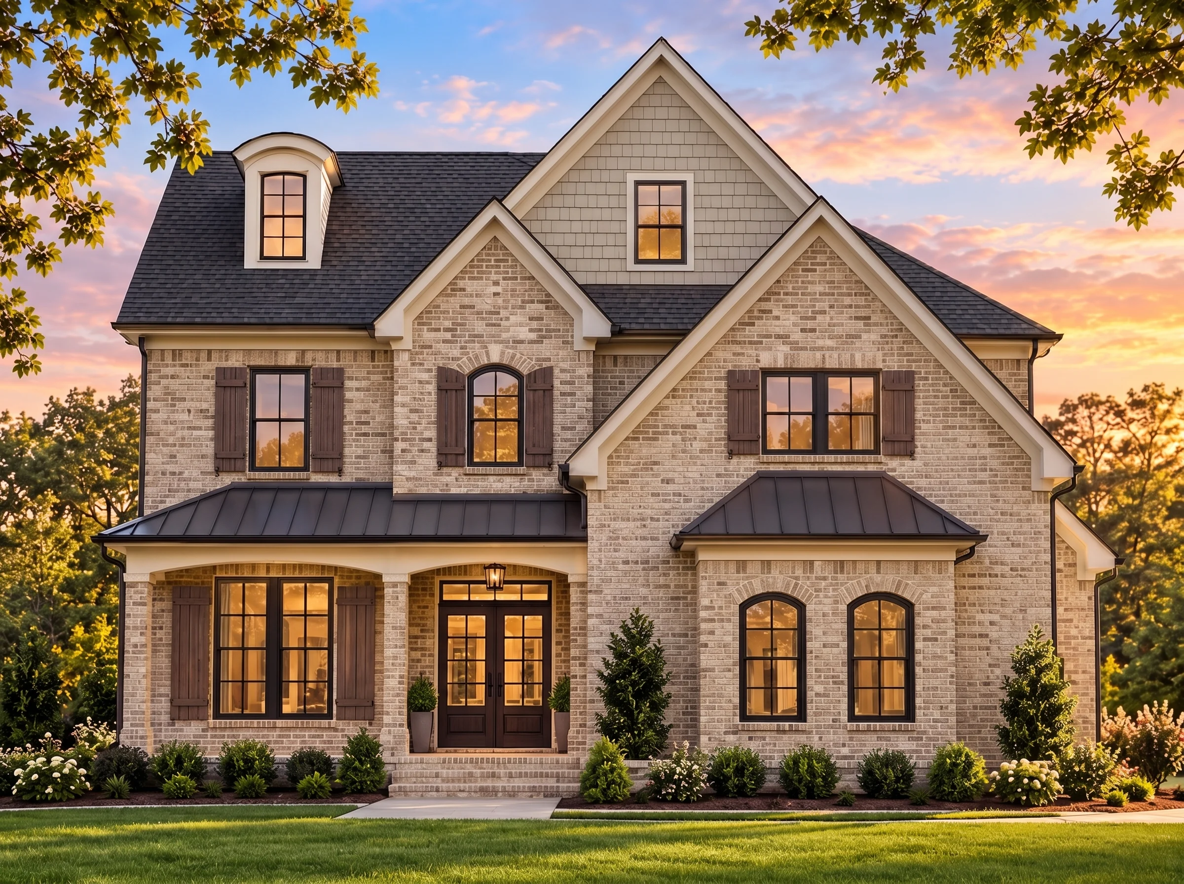 Plan  16-1398 – Aster Hollow Lodge |  Traditional – 4-Bed, 4.5-Bath, 3,265 SF - Natural Brick, AI-generated exterior concept