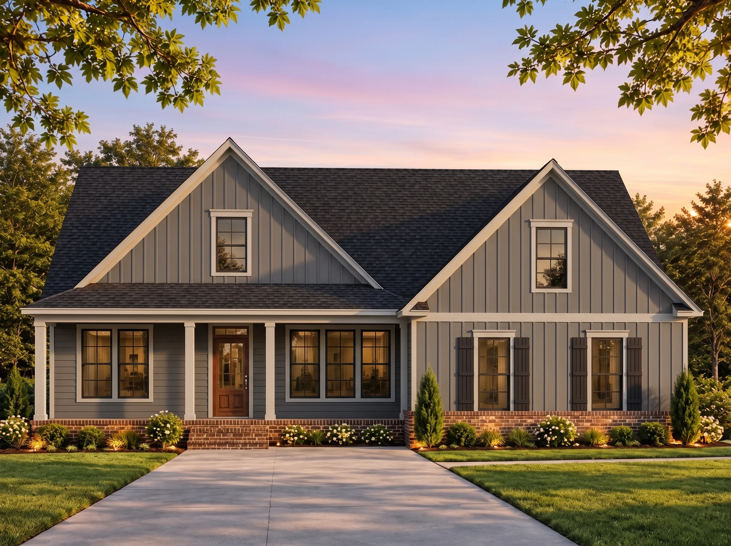 Plan  16-1378 – Cox Lodge | Modern  Farmhouse – 3-Bed, 2-Bath, 2,121 SF - Warm Charcoal, AI-generated exterior concept