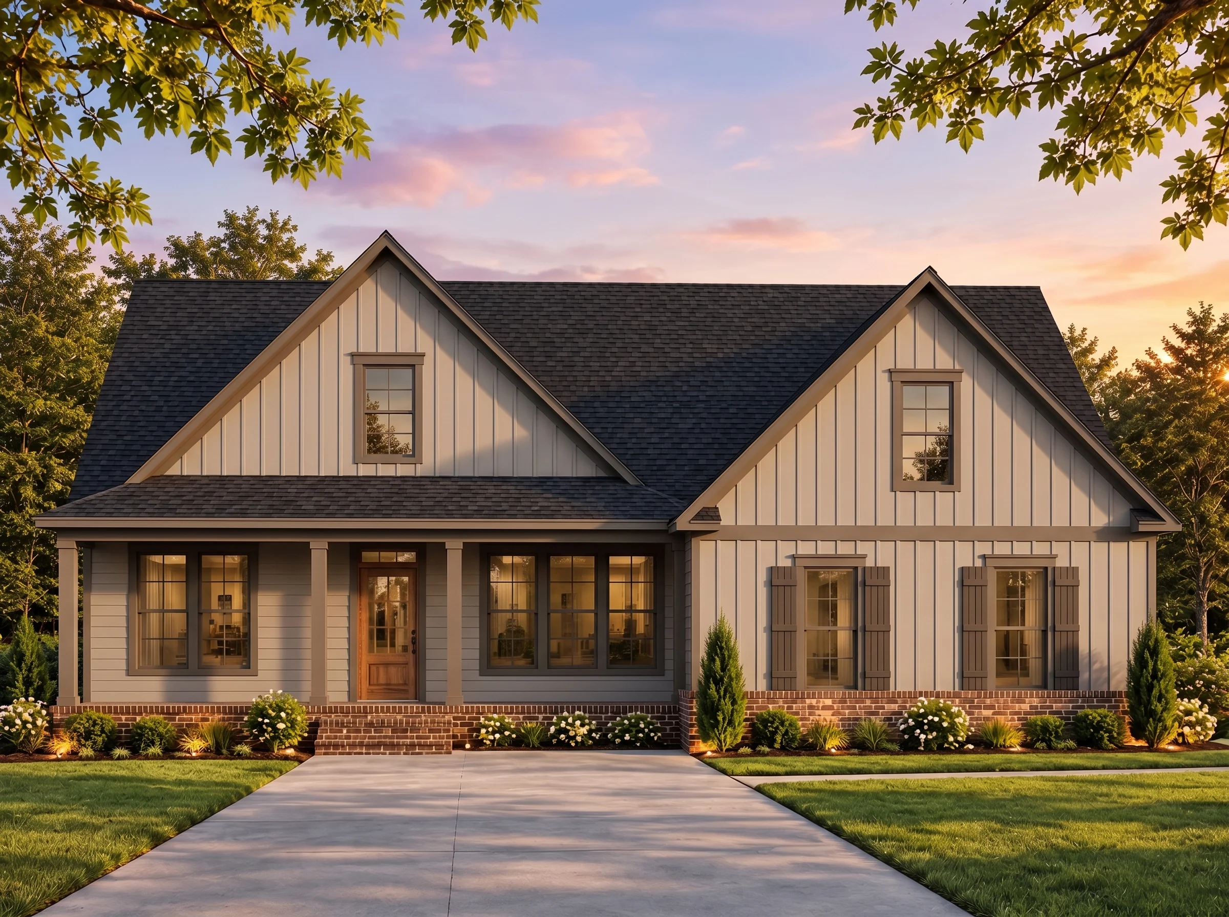 Plan  16-1378 – Cox Lodge | Modern  Farmhouse – 3-Bed, 2-Bath, 2,121 SF - Mushroom Taupe, AI-generated exterior concept