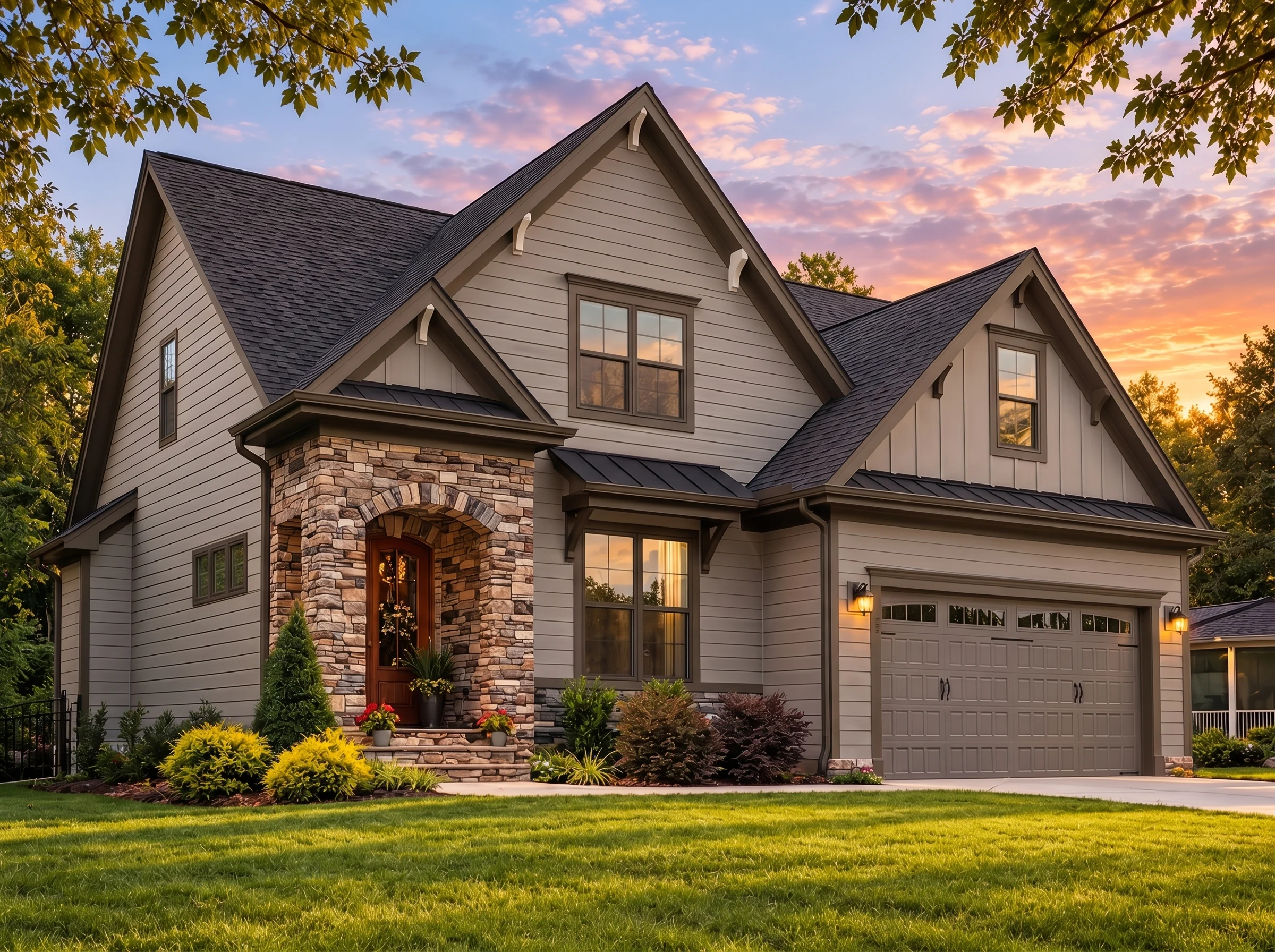 Plan  16-1379 – SweetHomeHut | New  American – 3-Bed, 3-Bath, 2,901 SF - Mushroom Taupe, AI-generated exterior concept